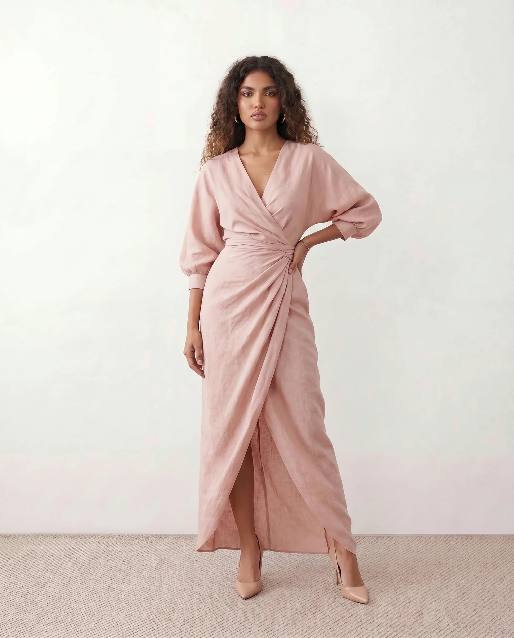 Nelida Wedding Guest Wrap Neck Maxi Dress in Pink — front view