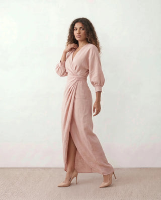 Nelida Wedding Guest Wrap Neck Maxi Dress in Pink — side view