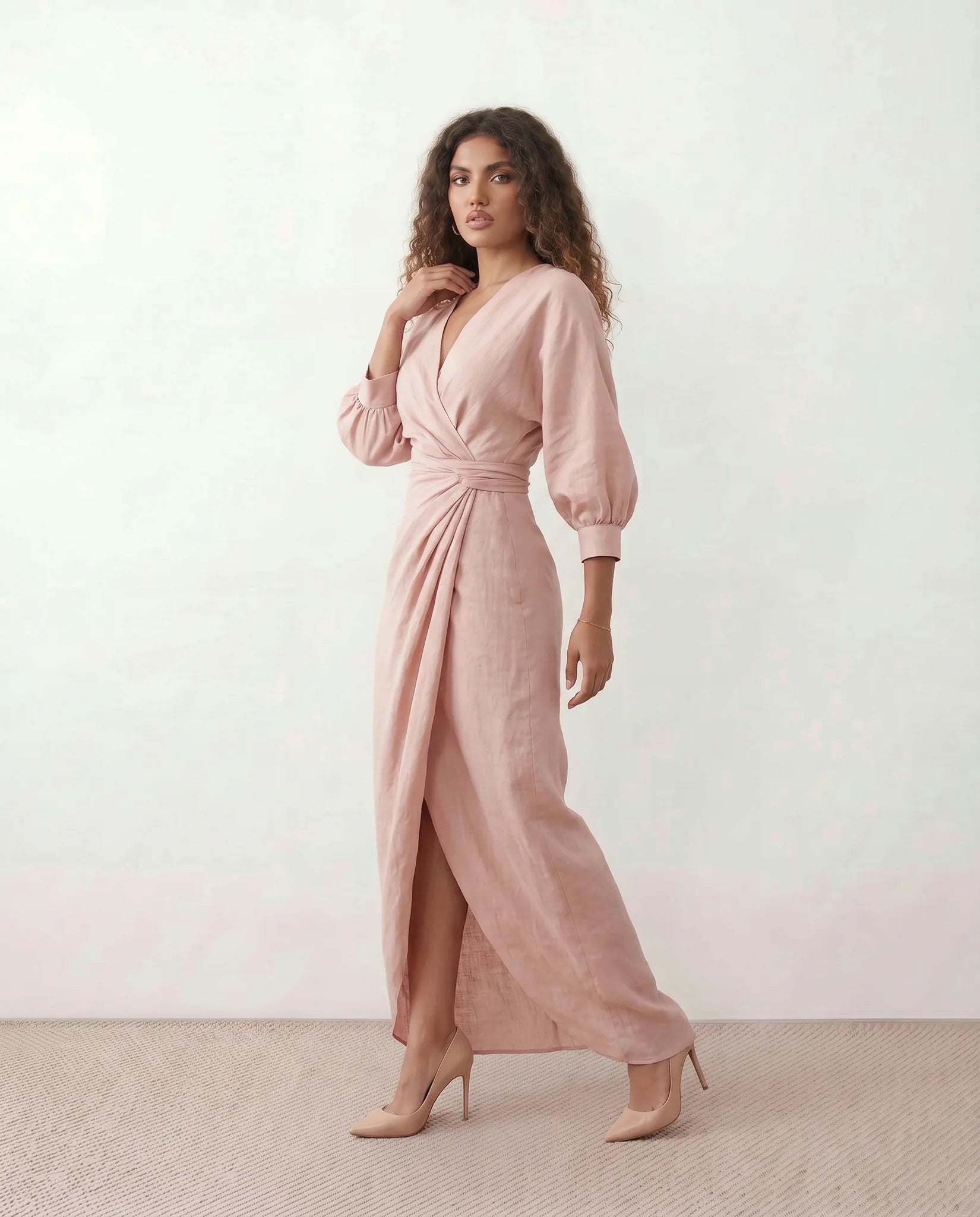 Nelida Wedding Guest Wrap Neck Maxi Dress in Pink — side view