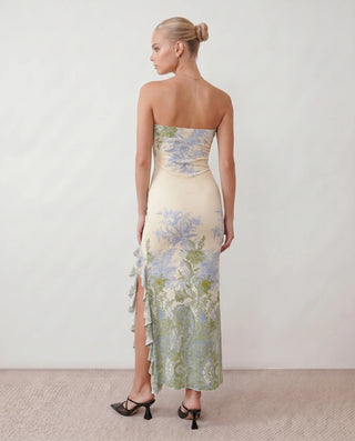 Madelyn Wedding Guest Floral Maxi Dress in Floral Green — back view