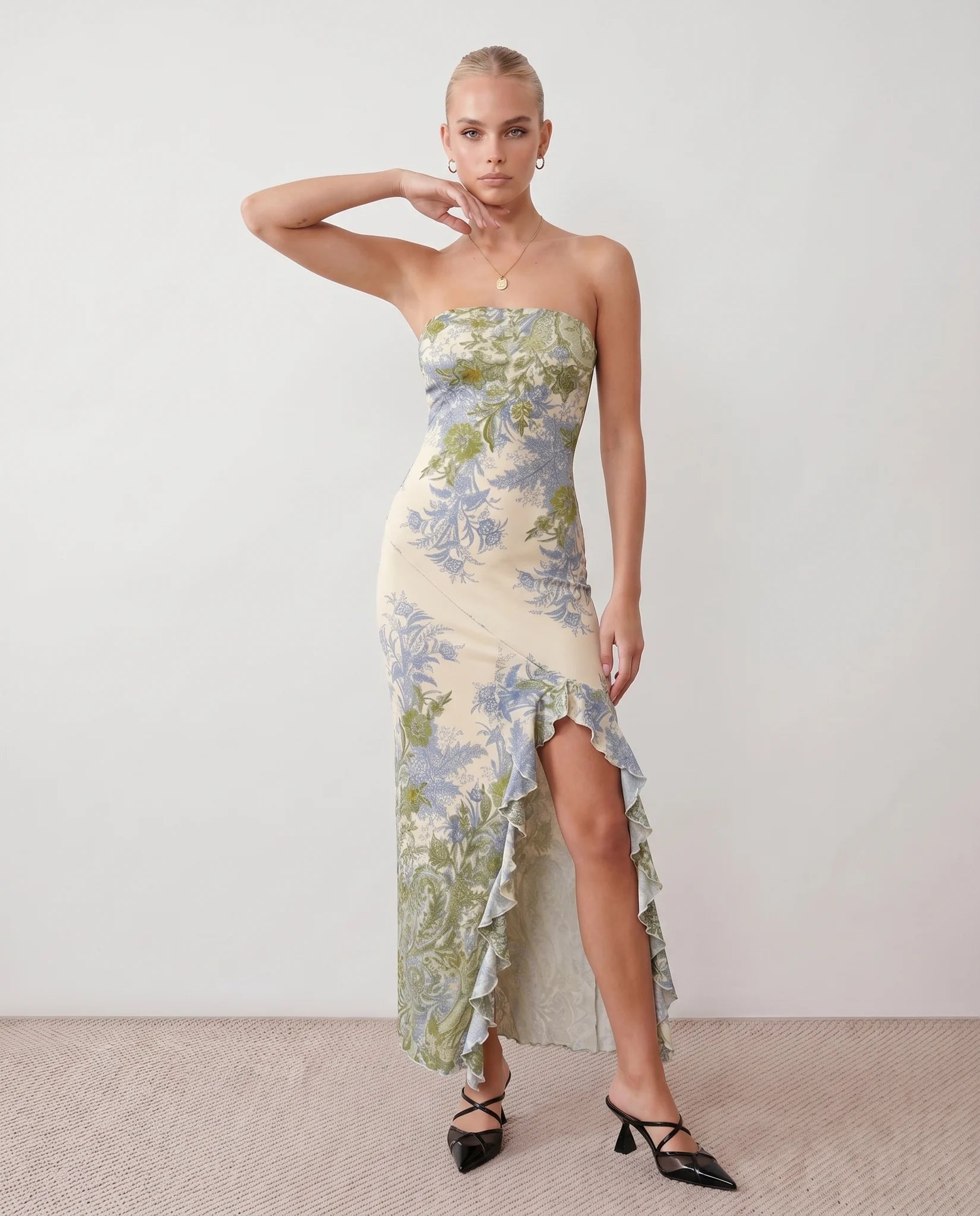 Madelyn Wedding Guest Floral Maxi Dress in Floral Green — front view