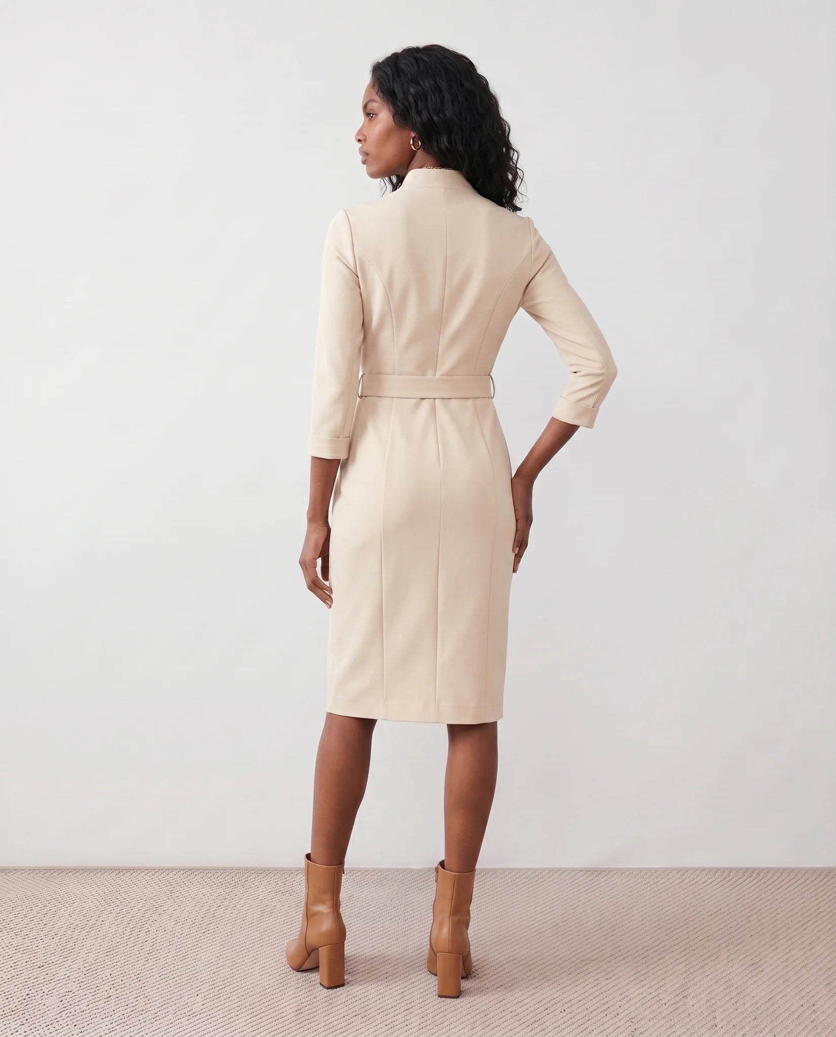 Sorina Cocktail V-Neck Knee Length Dress in Beige — back view