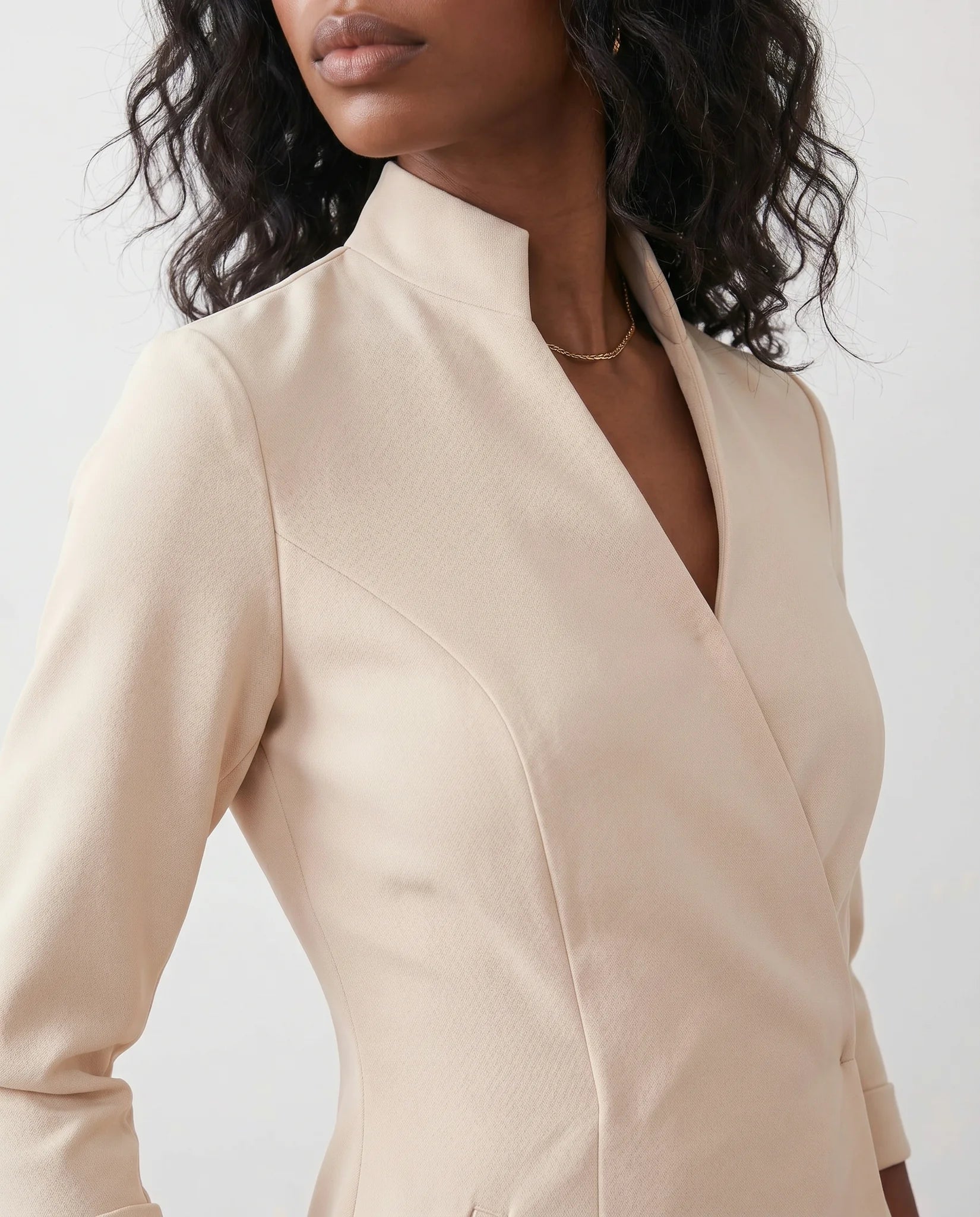 Sorina Cocktail V-Neck Knee Length Dress in Beige — detail close-up