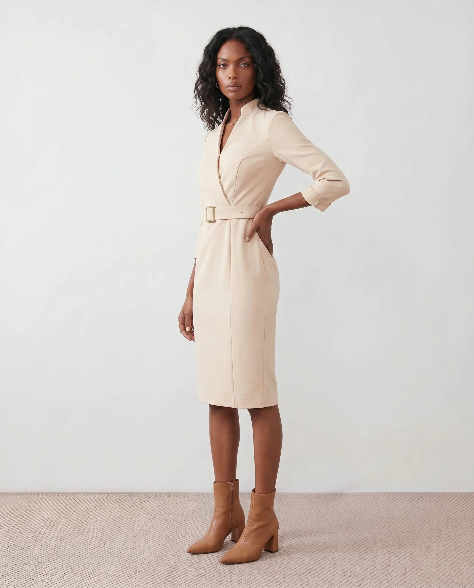 Sorina Cocktail V-Neck Knee Length Dress in Beige — side view