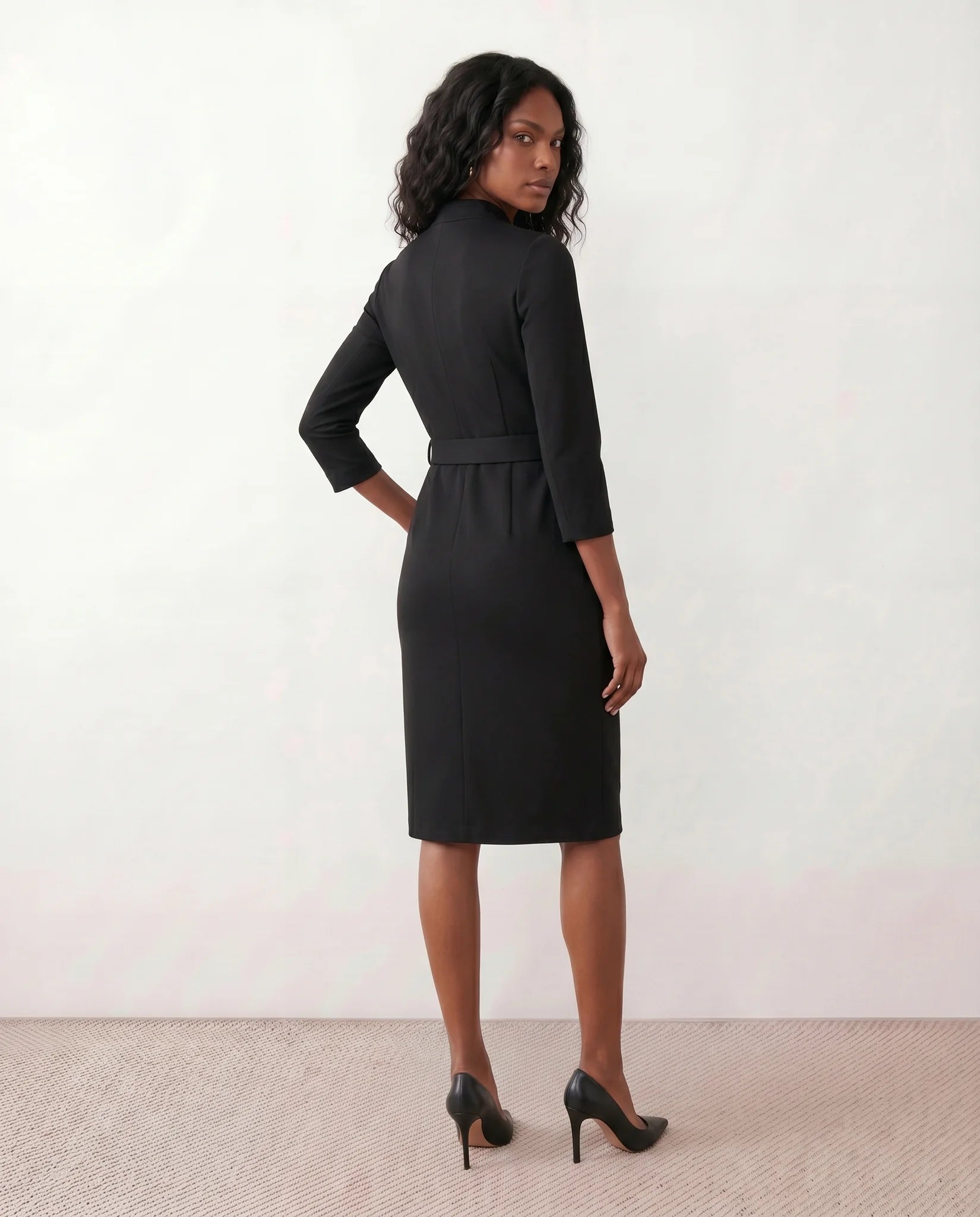 Sorina Cocktail V-Neck Knee Length Dress in Black — back view