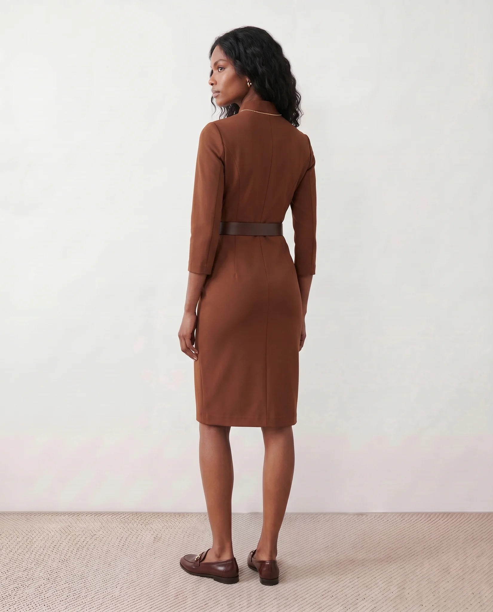 Sorina Cocktail V-Neck Knee Length Dress in Brown — back view