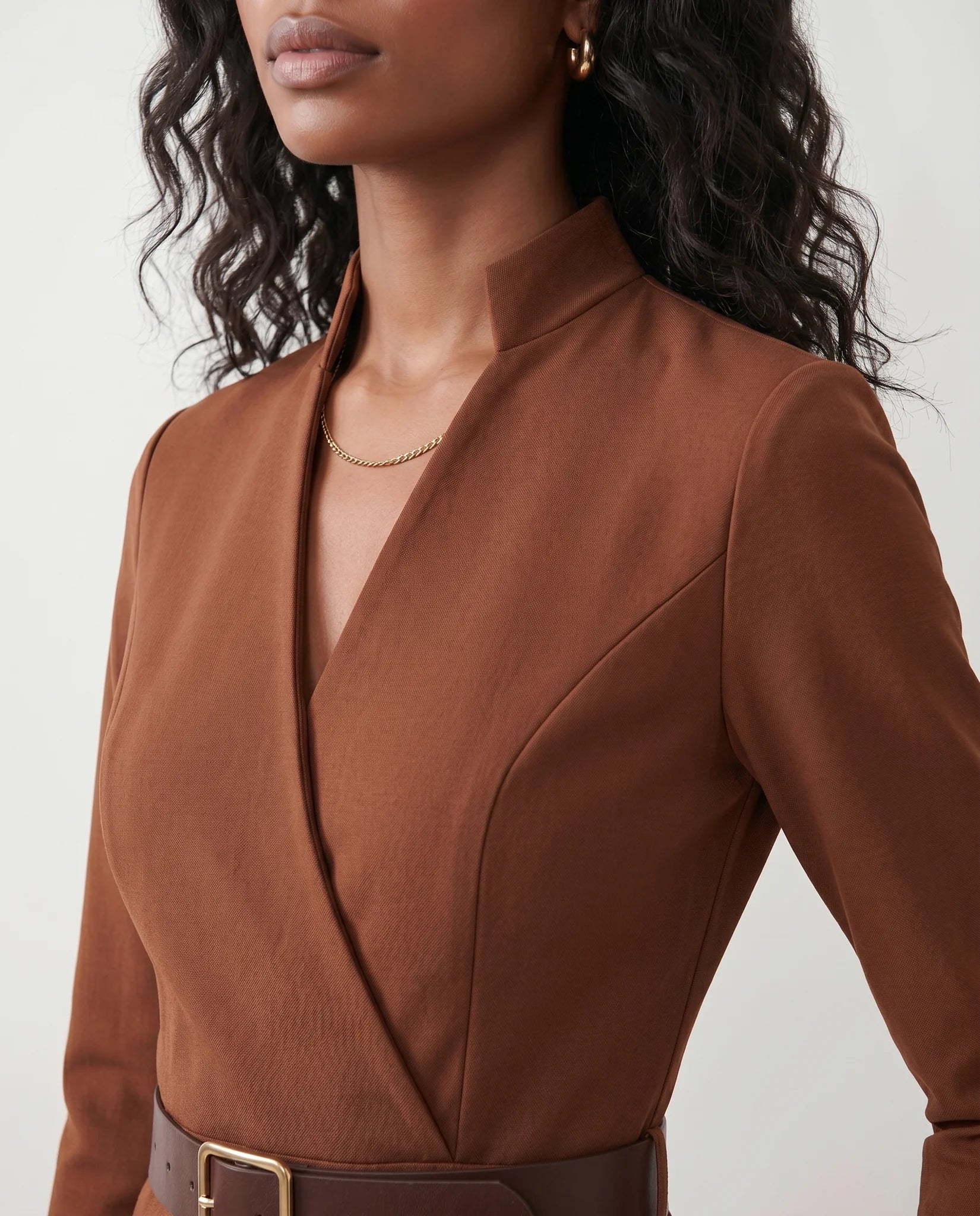 Sorina Cocktail V-Neck Knee Length Dress in Brown — detail close-up