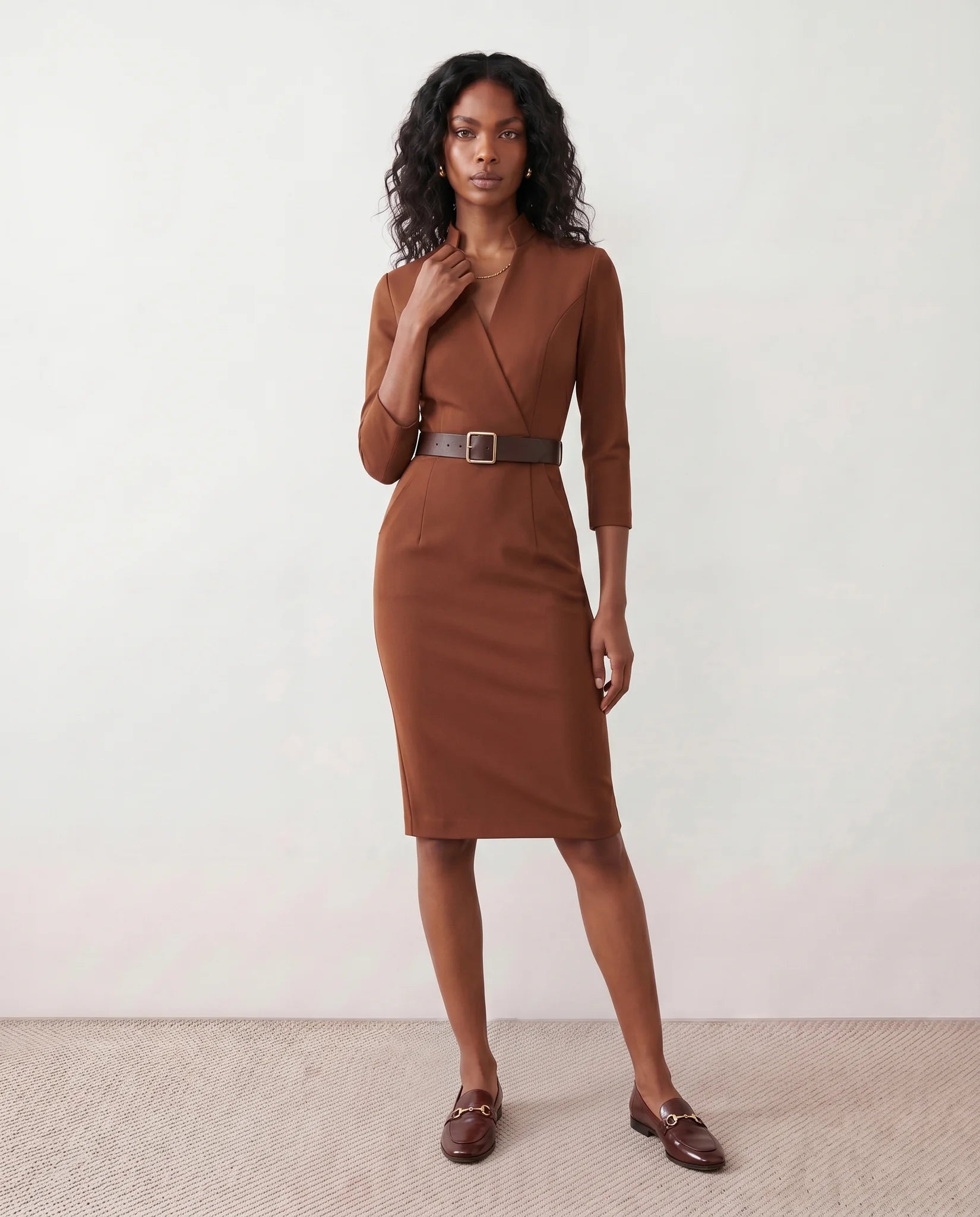 Sorina Cocktail V-Neck Knee Length Dress in Brown — front view