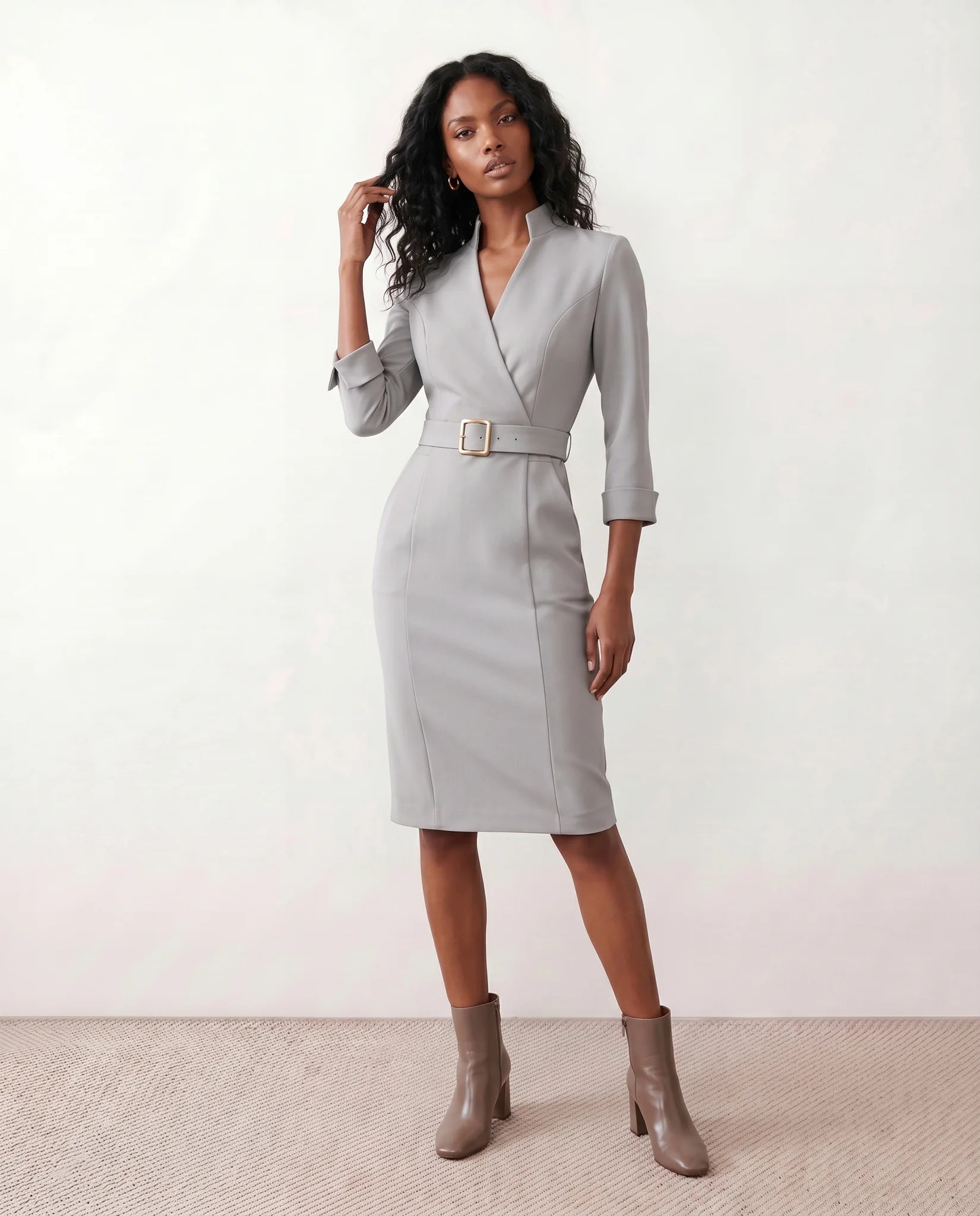 Sorina Cocktail V-Neck Knee Length Dress in Gray — front view