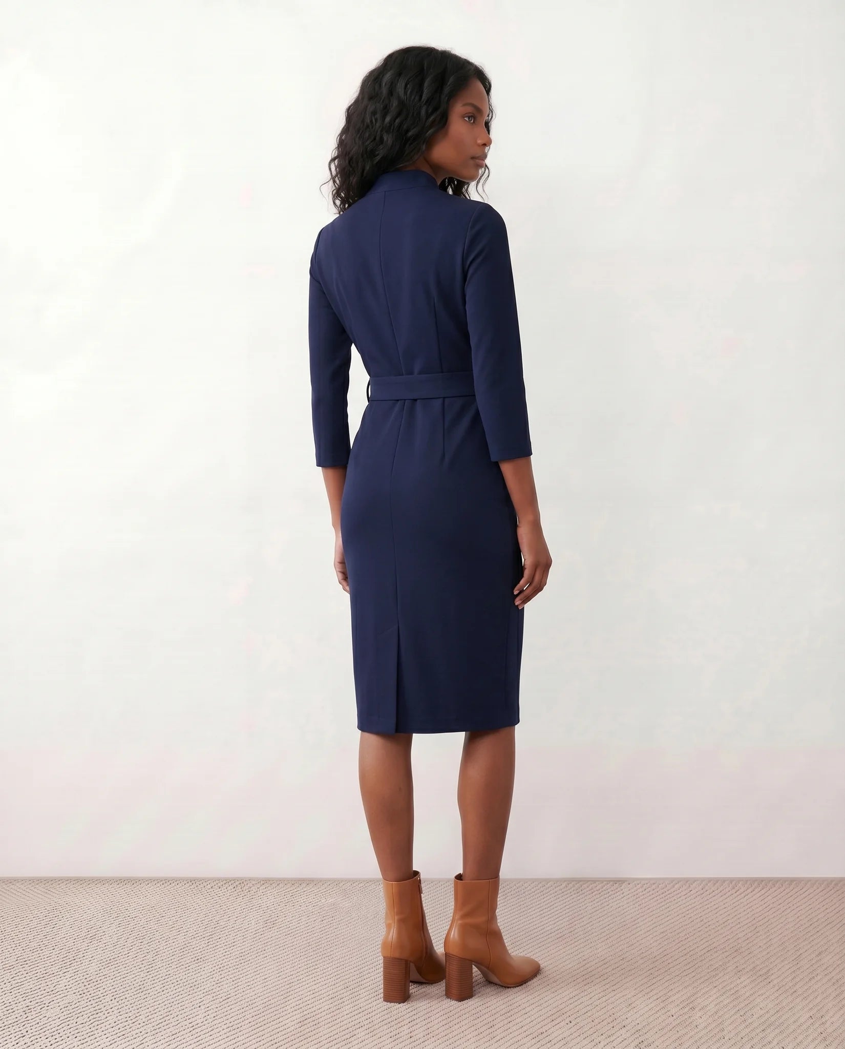 Sorina Cocktail V-Neck Knee Length Dress in Navy — back view