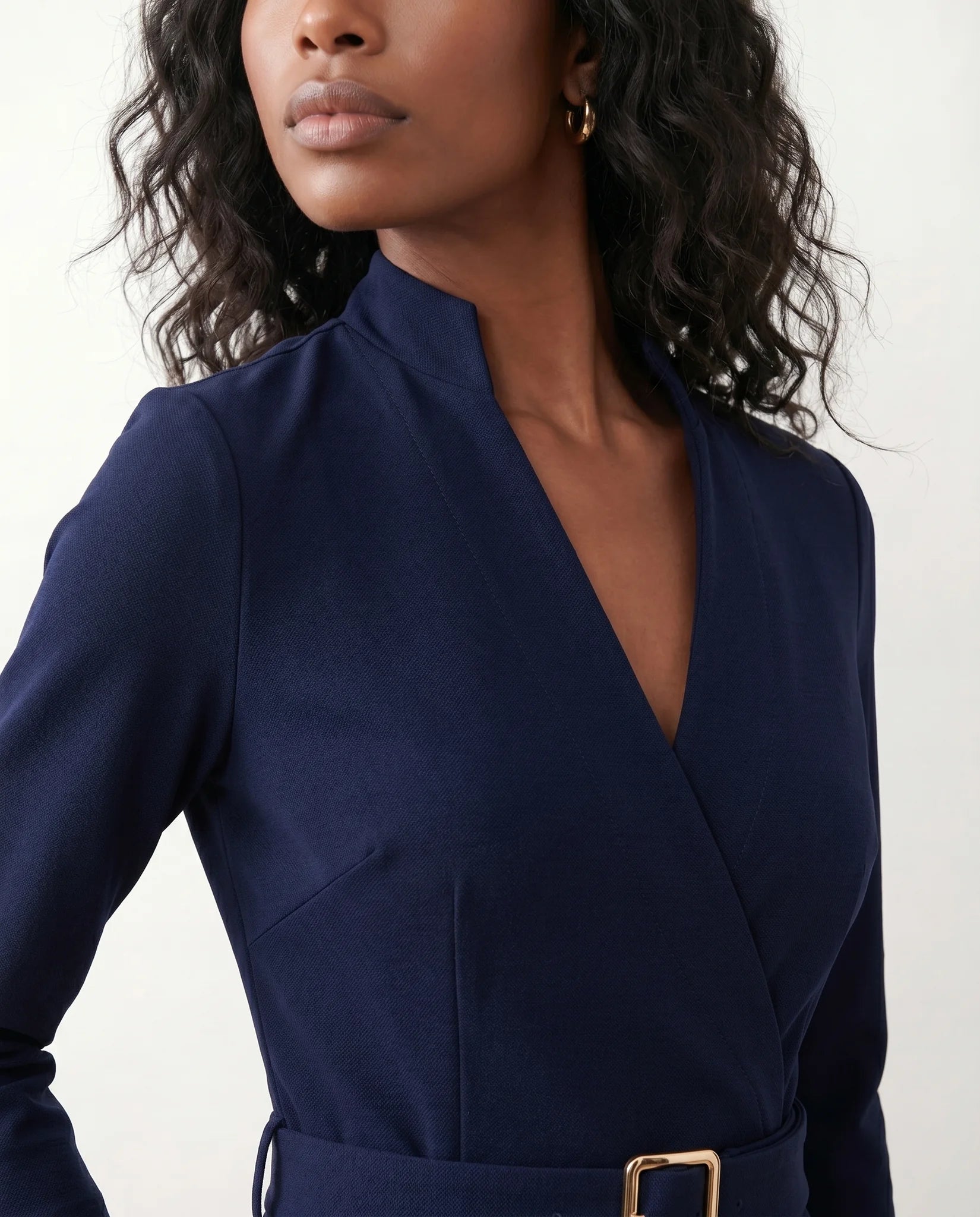Sorina Cocktail V-Neck Knee Length Dress in Navy — detail close-up