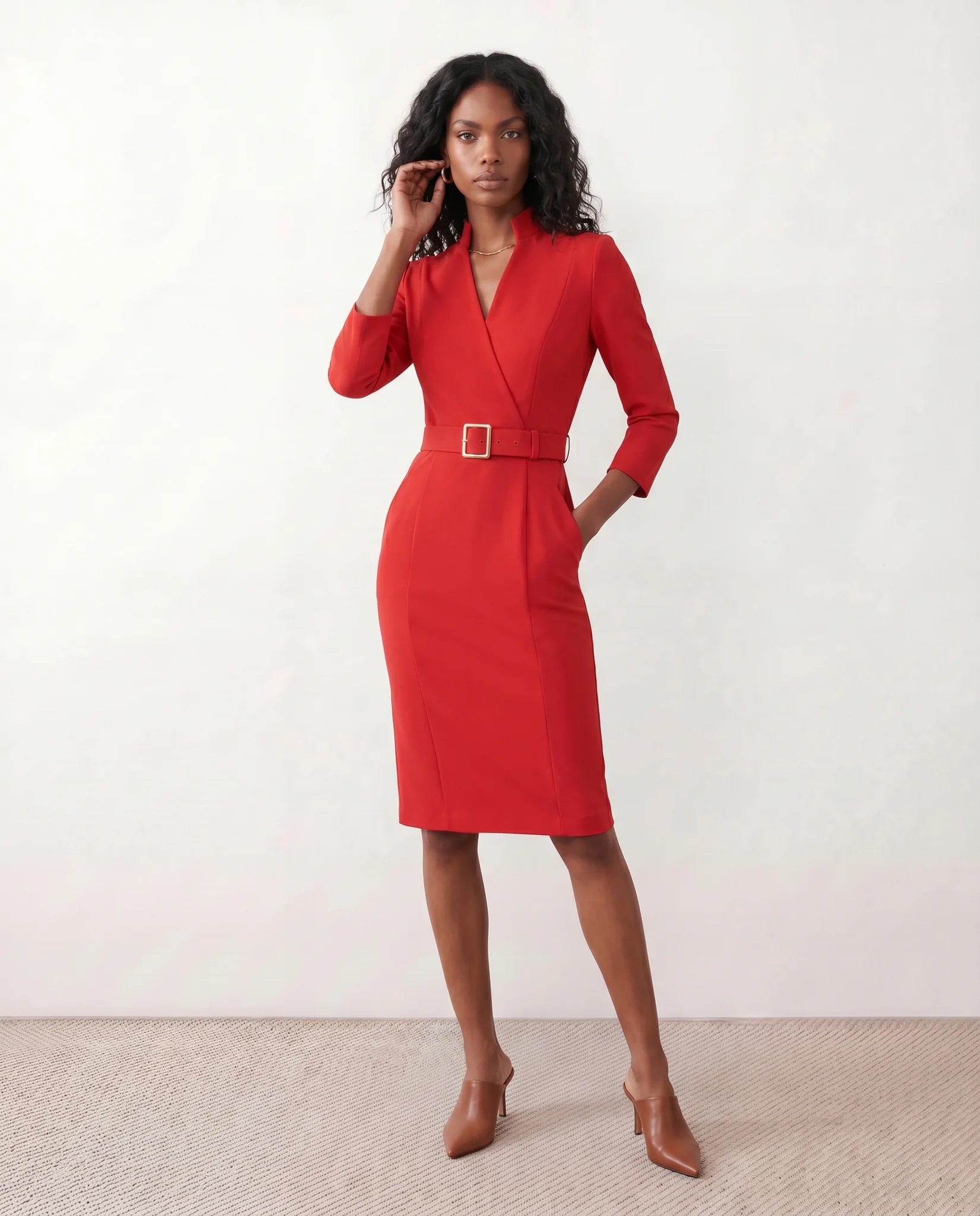 Sorina Cocktail V-Neck Knee Length Dress in Red — front view