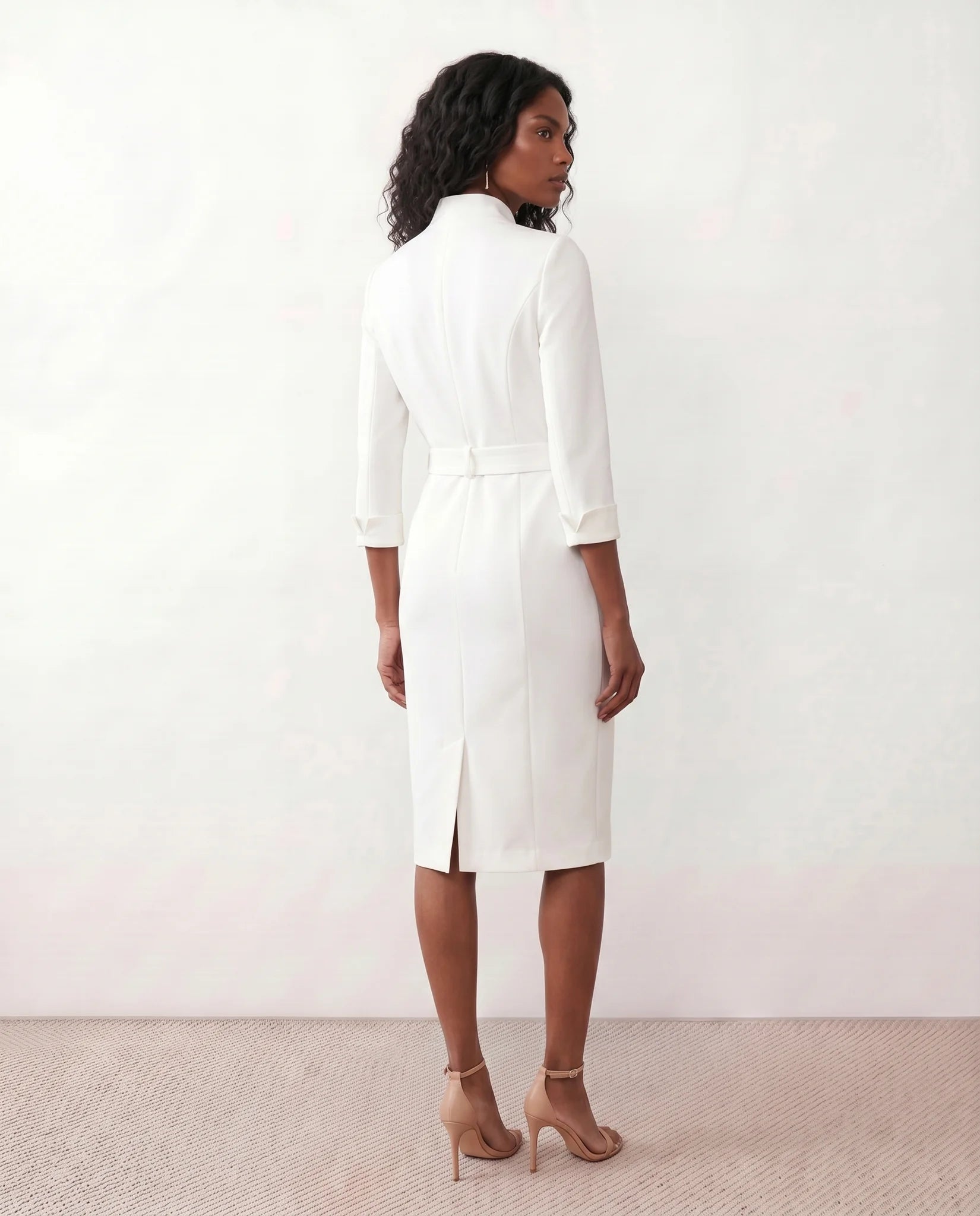 Sorina Cocktail V-Neck Knee Length Dress in White — back view