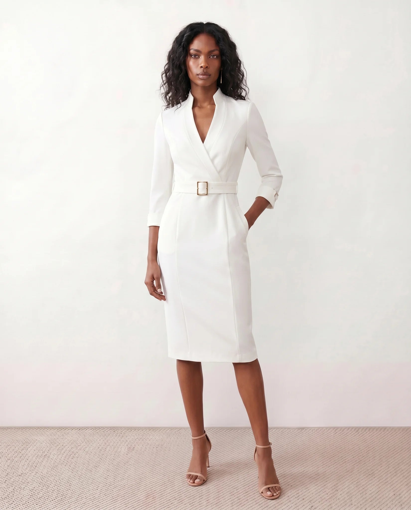 Sorina Cocktail V-Neck Knee Length Dress in White — front view