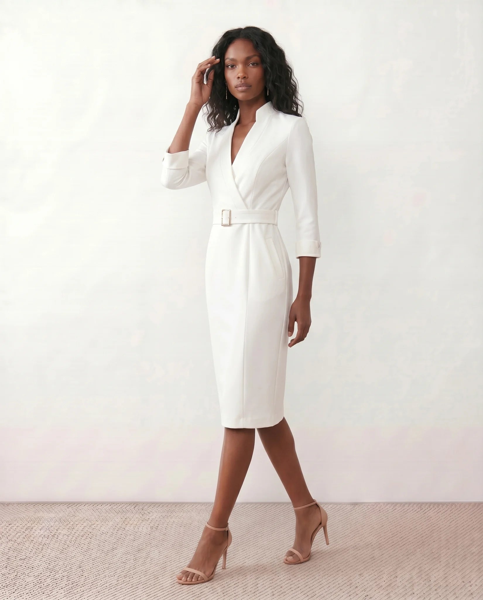 Sorina Cocktail V-Neck Knee Length Dress in White — side view