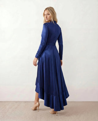 Cordula Wedding Guest Glossy Maxi Dress in Blue — back view