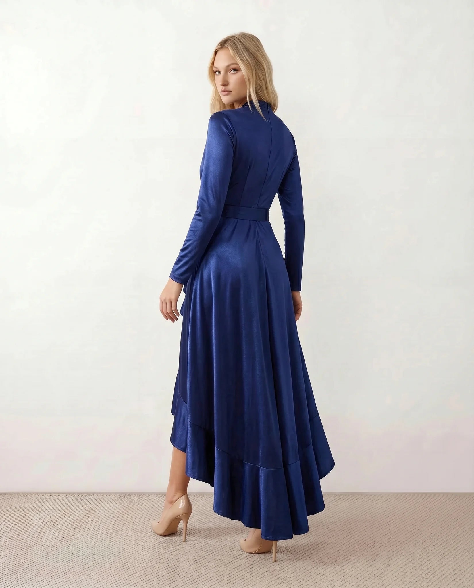 Cordula Wedding Guest Glossy Maxi Dress in Blue — back view