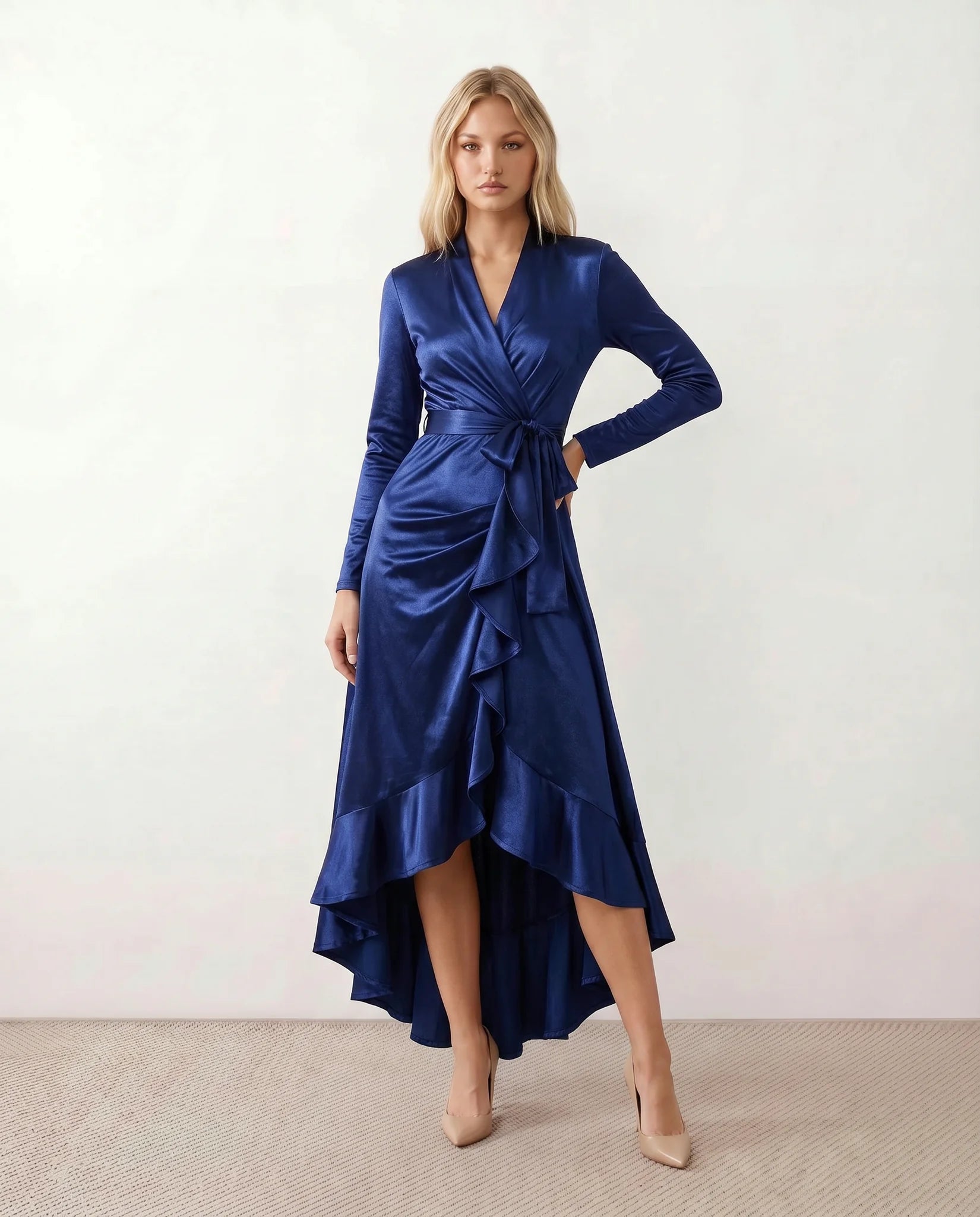 Cordula Wedding Guest Glossy Maxi Dress in Blue — front view