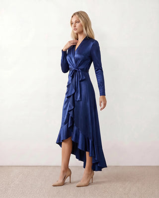 Cordula Wedding Guest Glossy Maxi Dress in Blue — side view