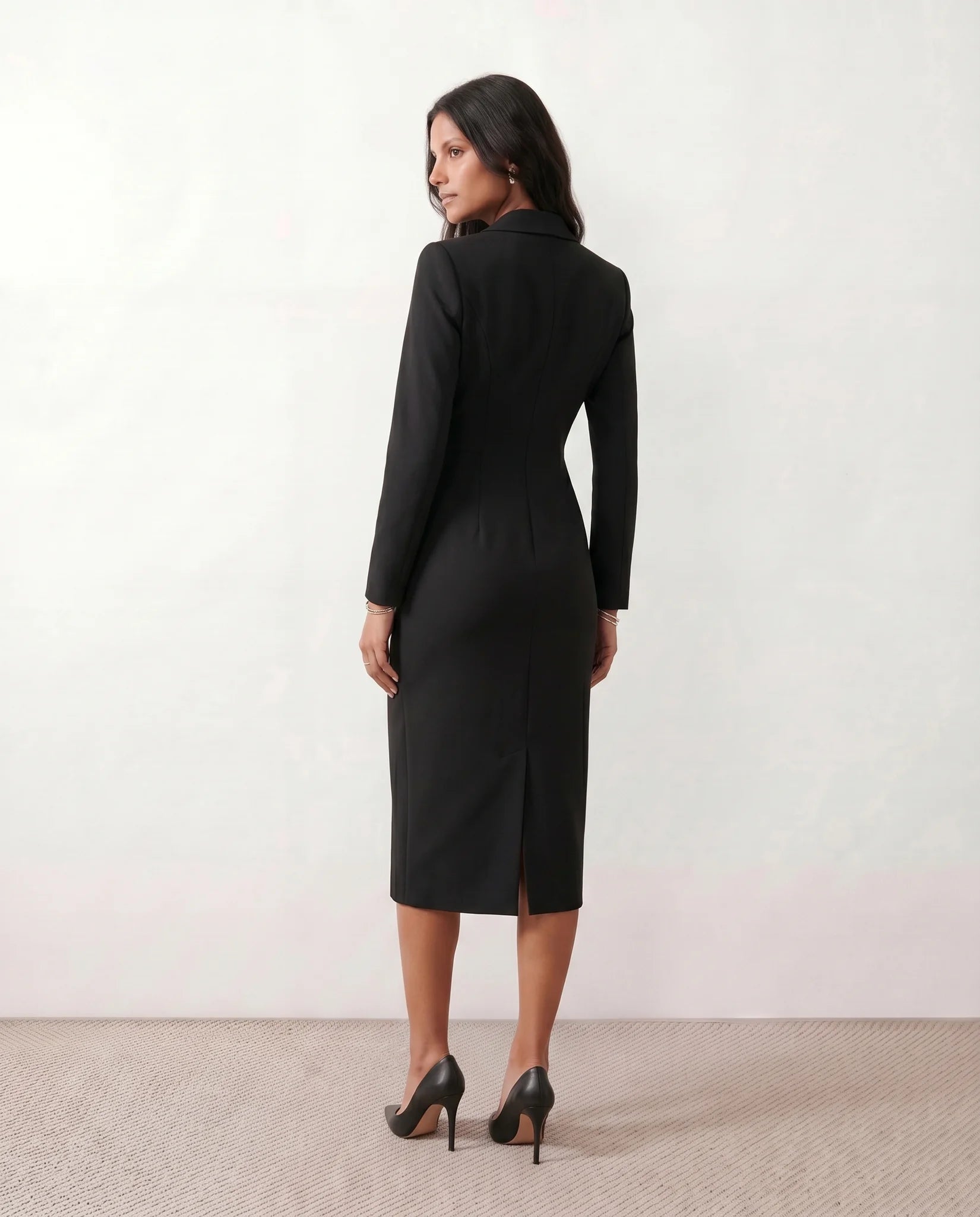 Kaylee Cocktail V-Neck Midi Dress in Black — back view