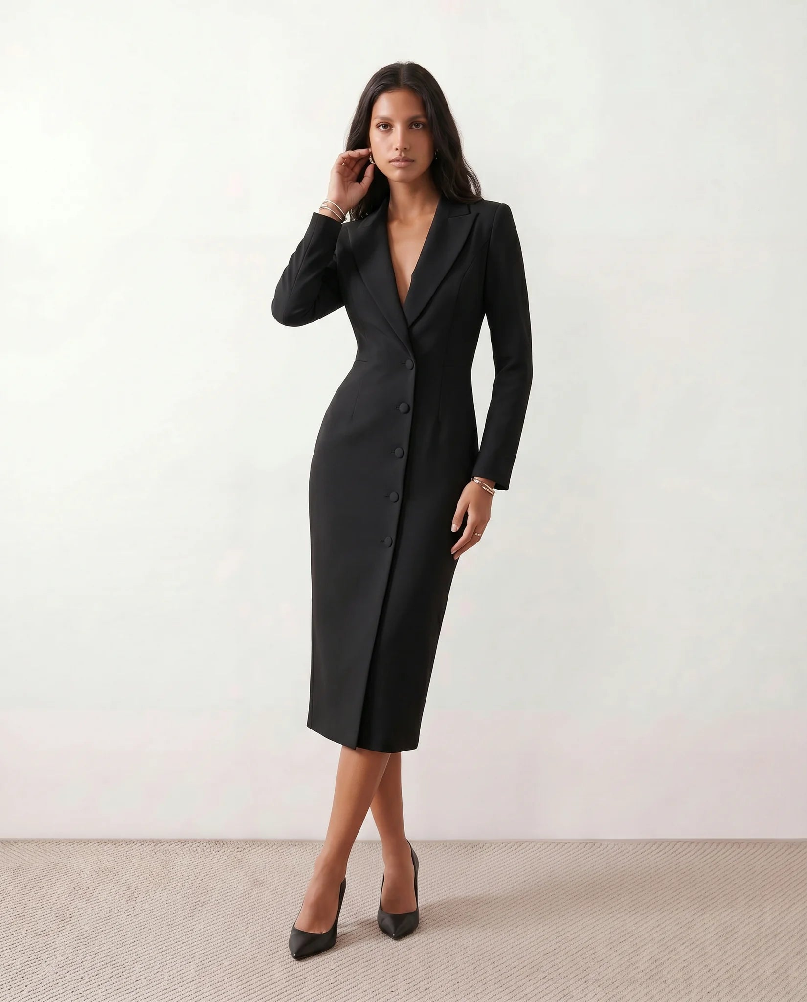 Kaylee Cocktail V-Neck Midi Dress in Black — front view