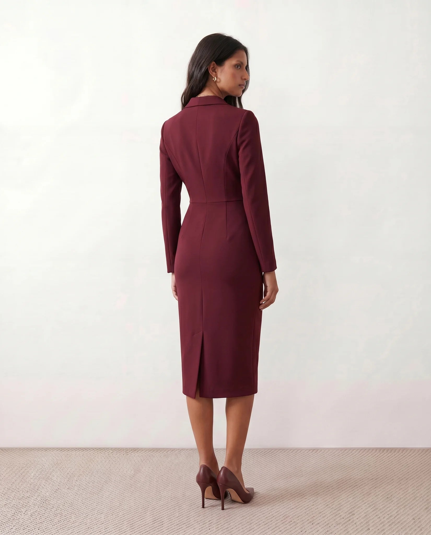 Kaylee Cocktail V-Neck Midi Dress in Burgundy — back view