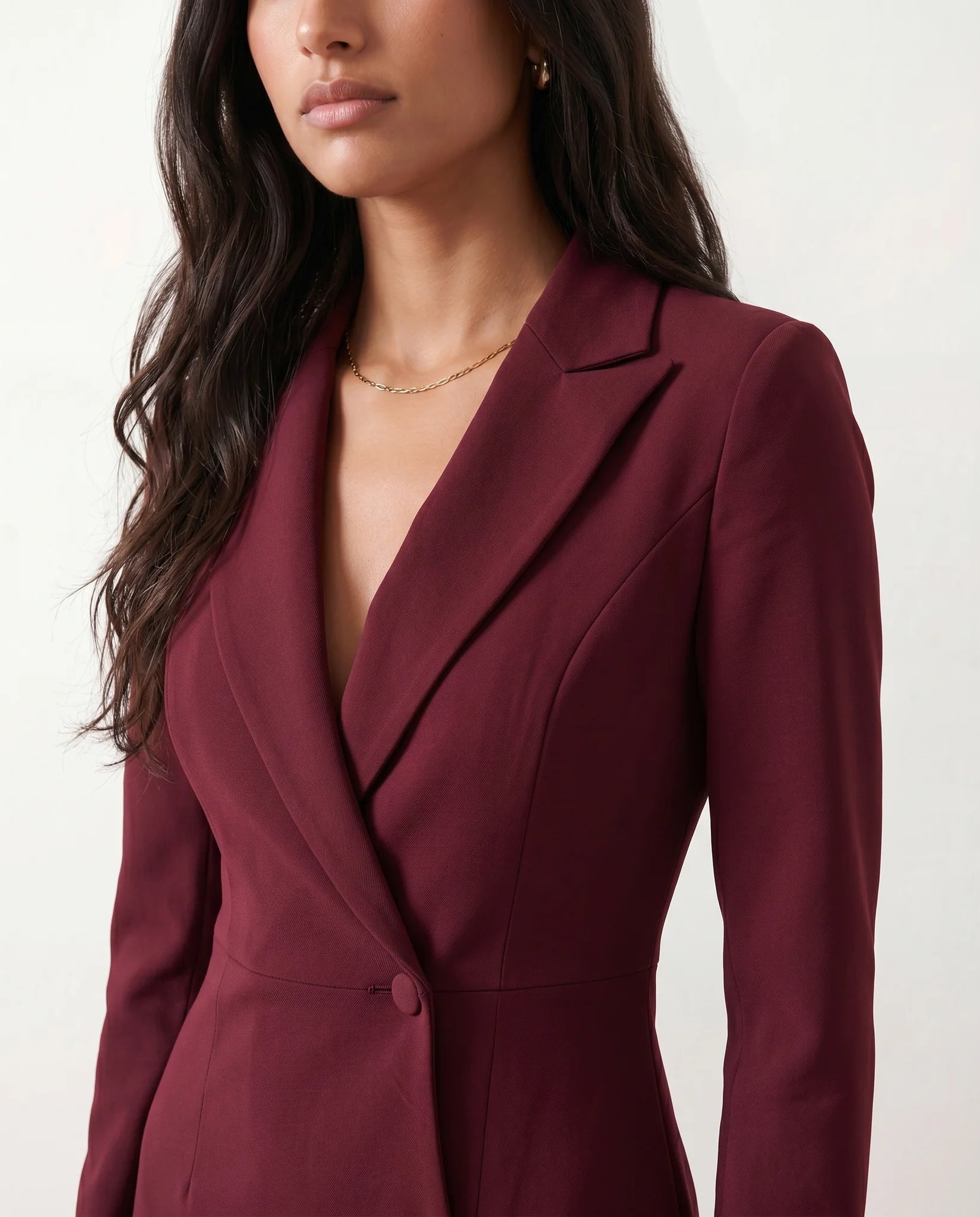 Kaylee Cocktail V-Neck Midi Dress in Burgundy — detail close-up
