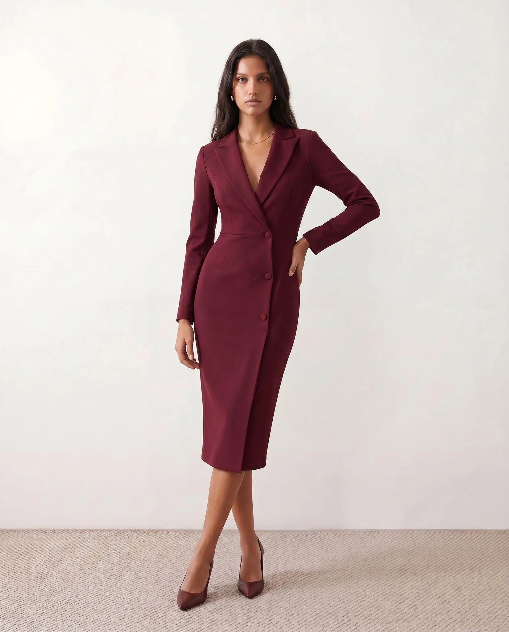 Kaylee Cocktail V-Neck Midi Dress in Burgundy — front view