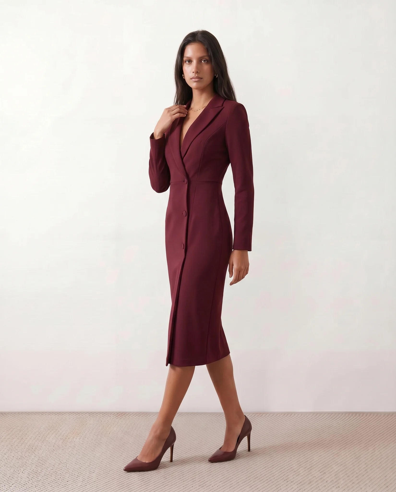 Kaylee Cocktail V-Neck Midi Dress in Burgundy — side view