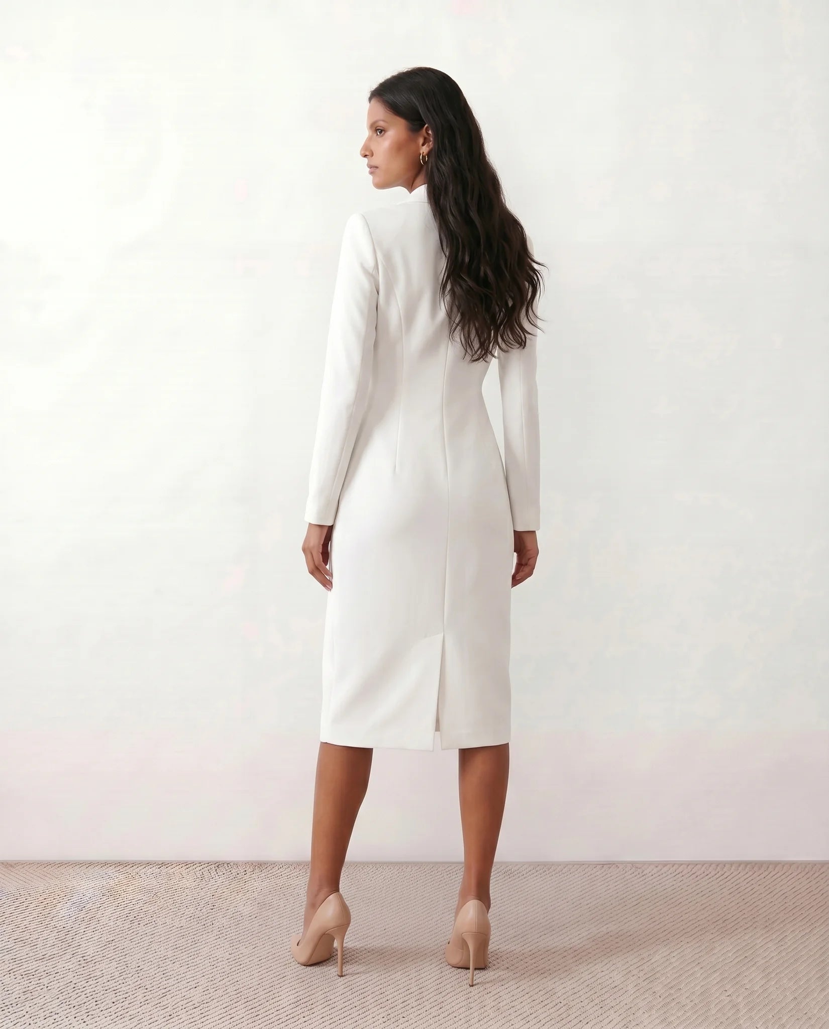 Kaylee Cocktail V-Neck Midi Dress in White — back view
