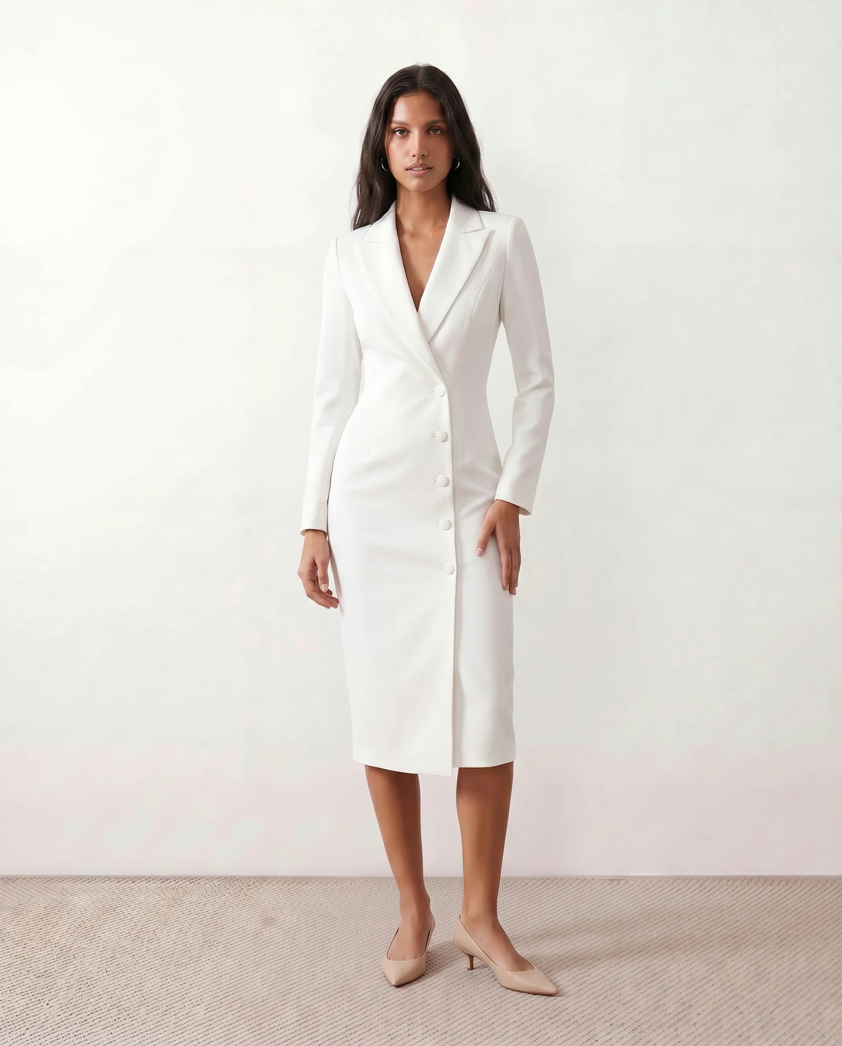 Kaylee Cocktail V-Neck Midi Dress in White — front view