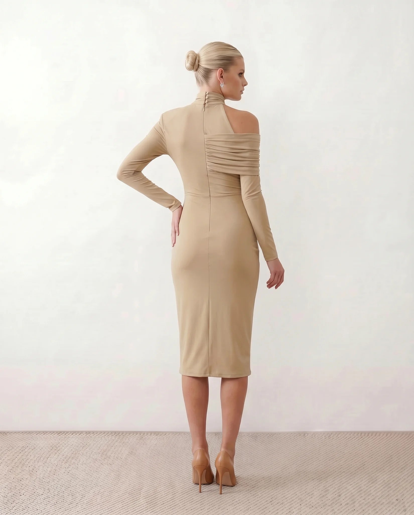 Felisa Cocktail Mock Neck Midi Dress in Beige — back view