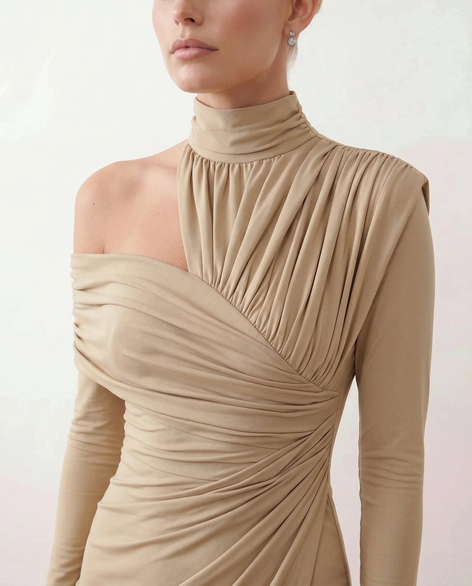 Felisa Cocktail Mock Neck Midi Dress in Beige — detail close-up