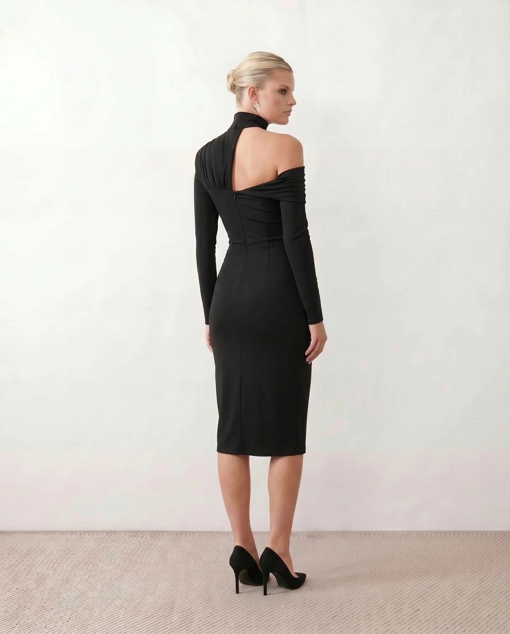 Felisa Cocktail Mock Neck Midi Dress in Black — back view