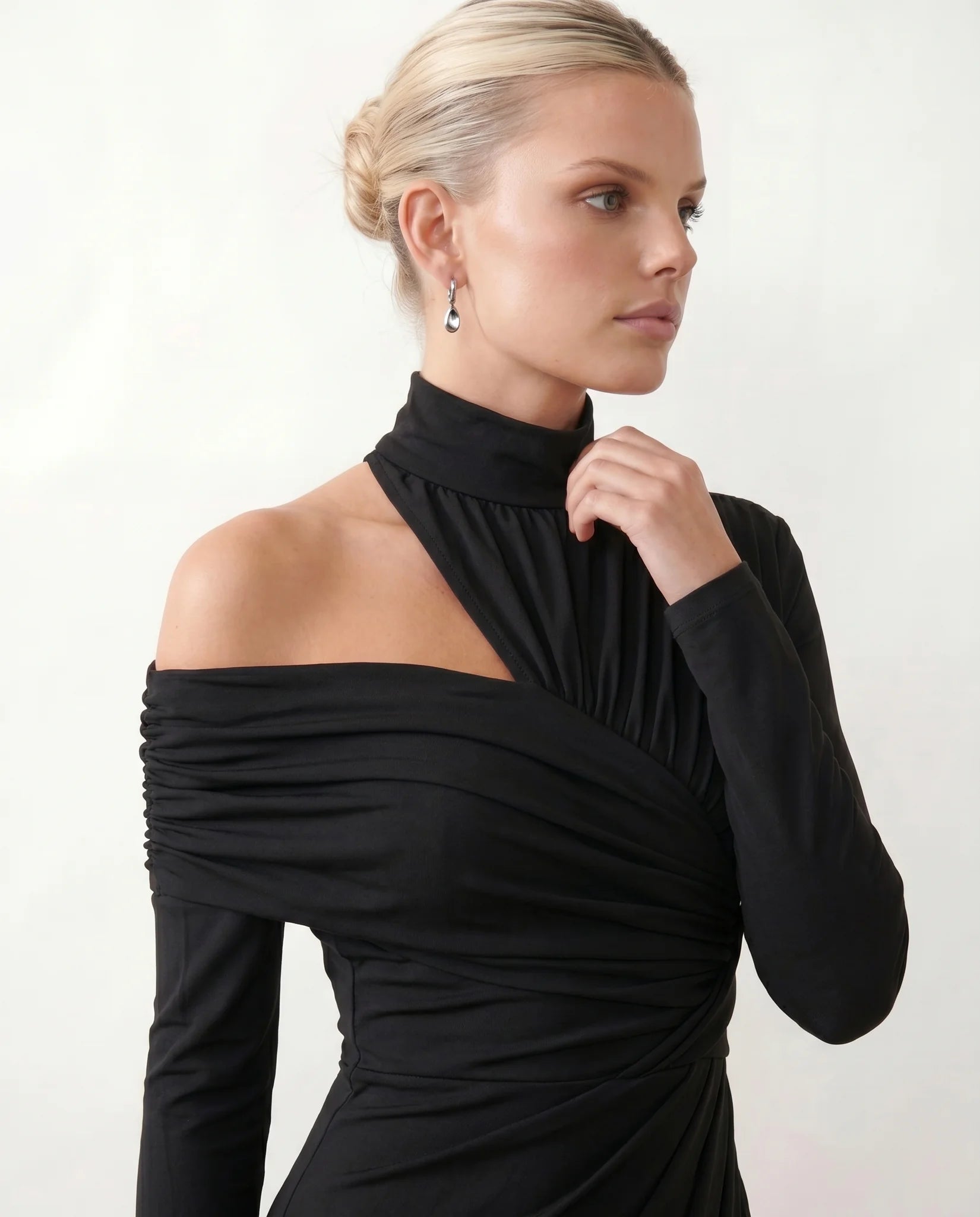 Felisa Cocktail Mock Neck Midi Dress in Black — detail close-up