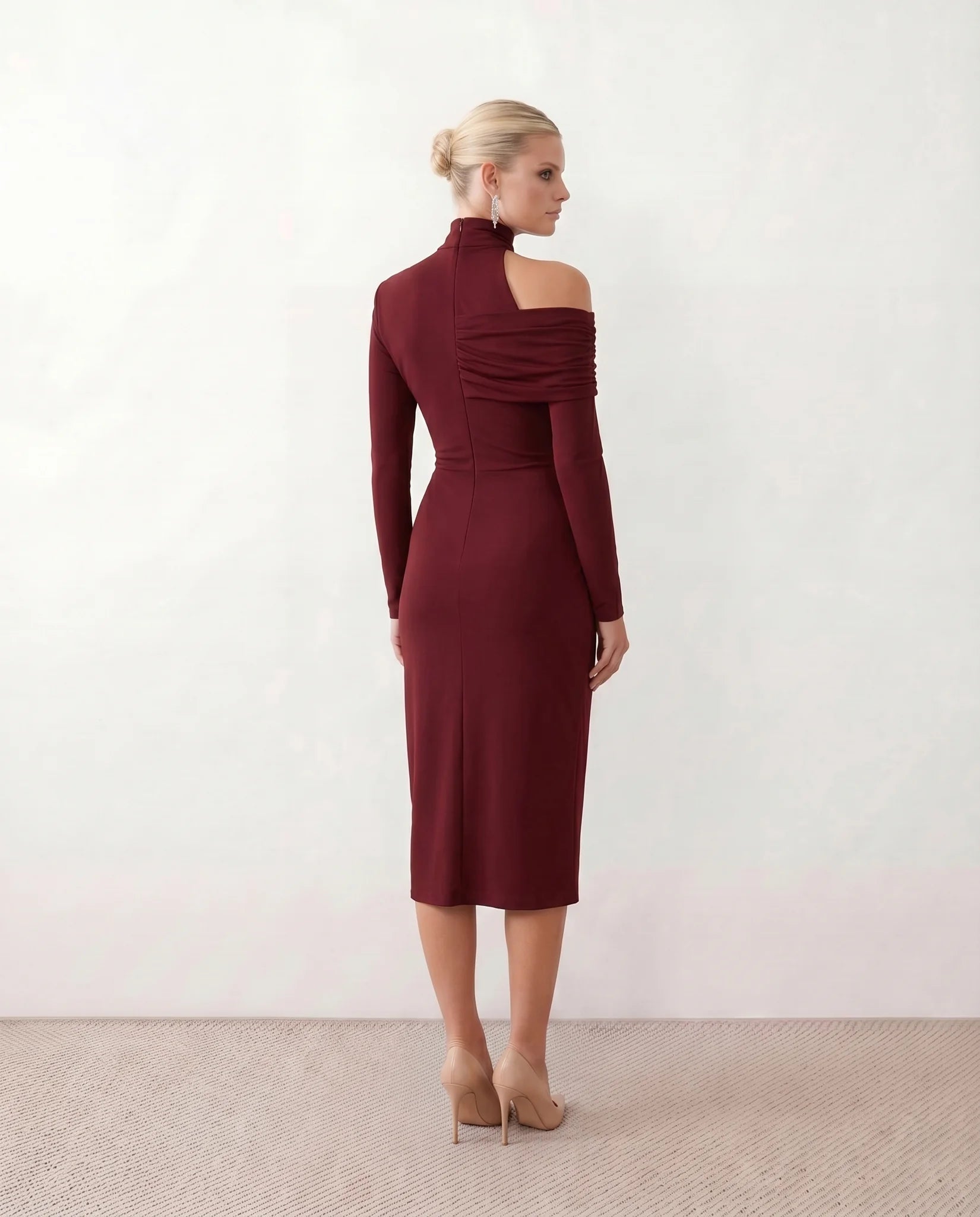 Felisa Cocktail Mock Neck Midi Dress in Burgundy — back view