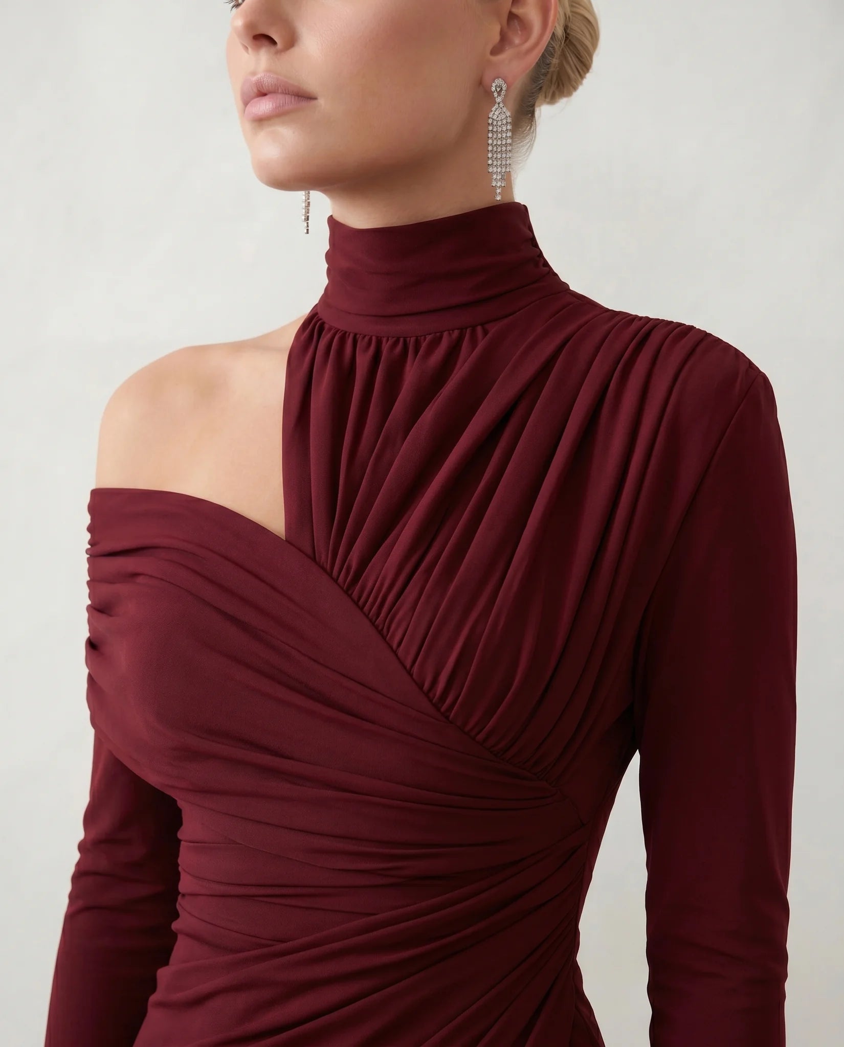 Felisa Cocktail Mock Neck Midi Dress in Burgundy — detail close-up