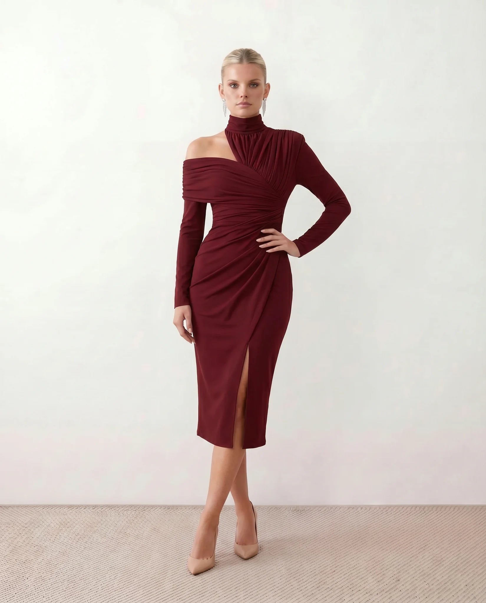 Felisa Cocktail Mock Neck Midi Dress in Burgundy — front view
