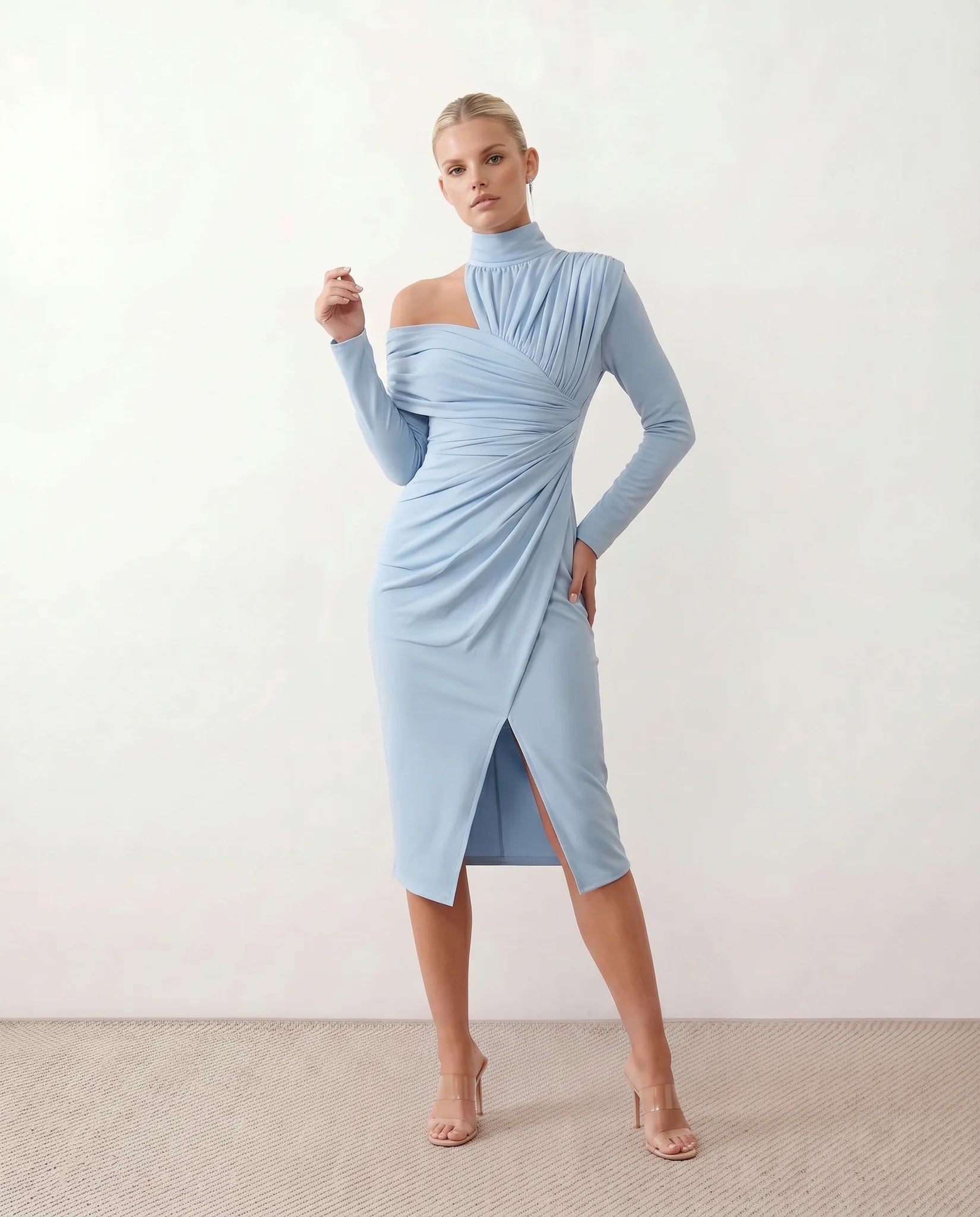 Felisa Cocktail Mock Neck Midi Dress in Light Blue — front view