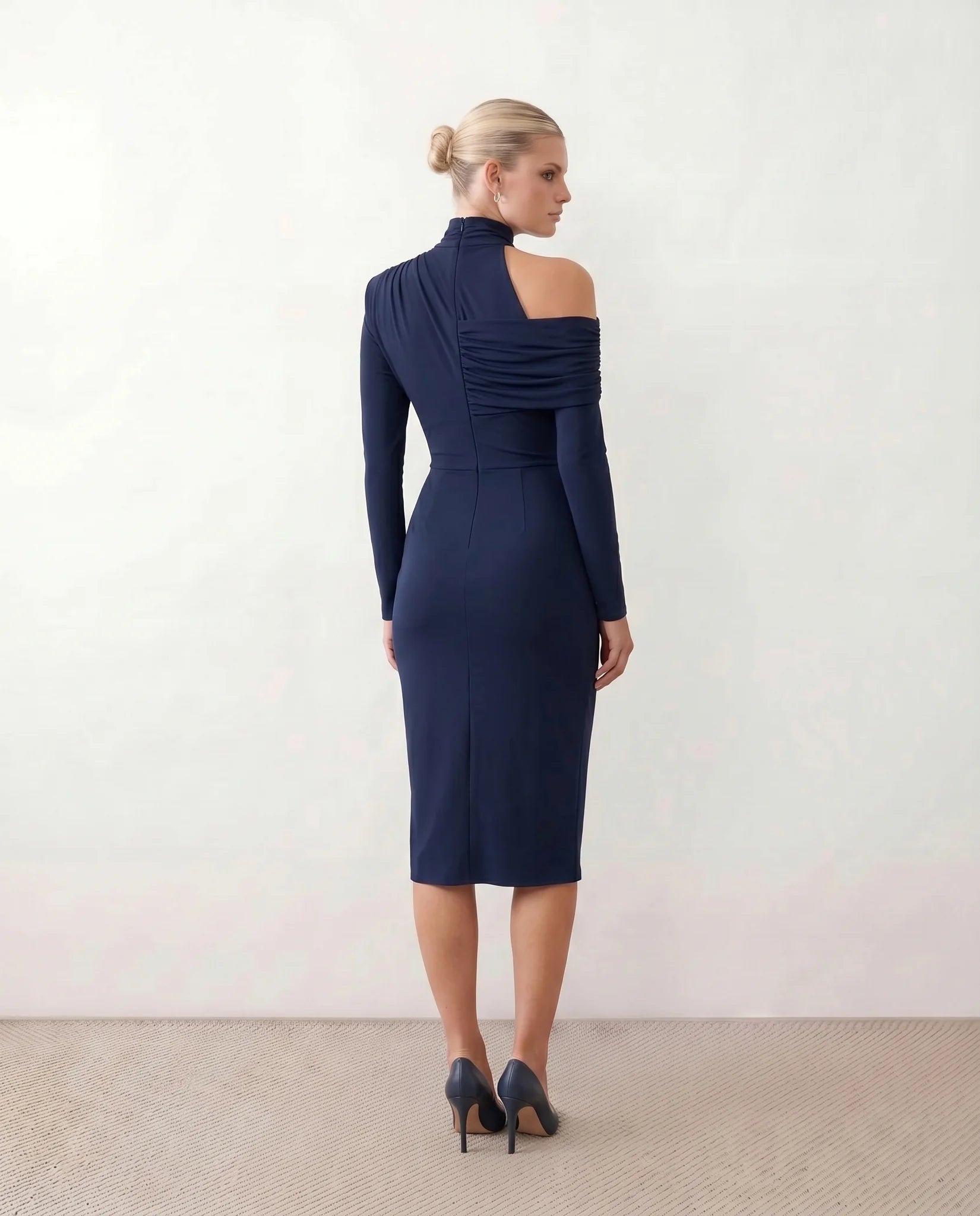 Felisa Cocktail Mock Neck Midi Dress in Navy — back view