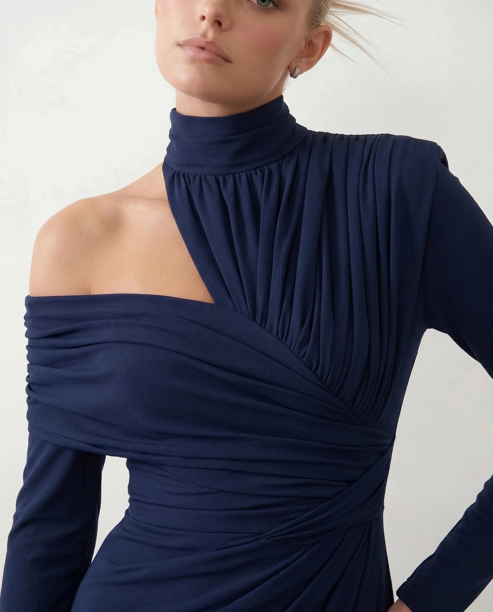 Felisa Cocktail Mock Neck Midi Dress in Navy — detail close-up