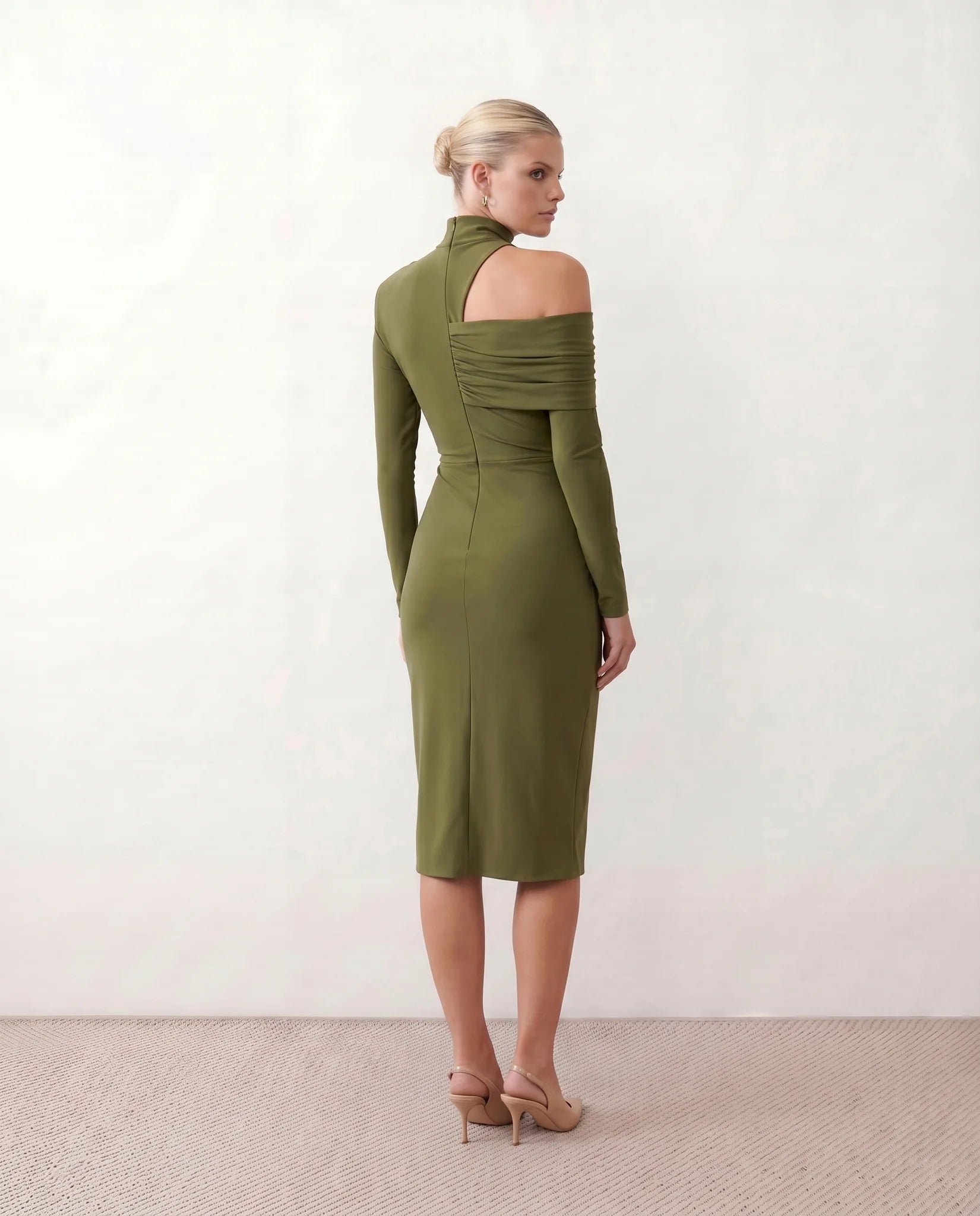 Felisa Cocktail Mock Neck Midi Dress in Olive — back view