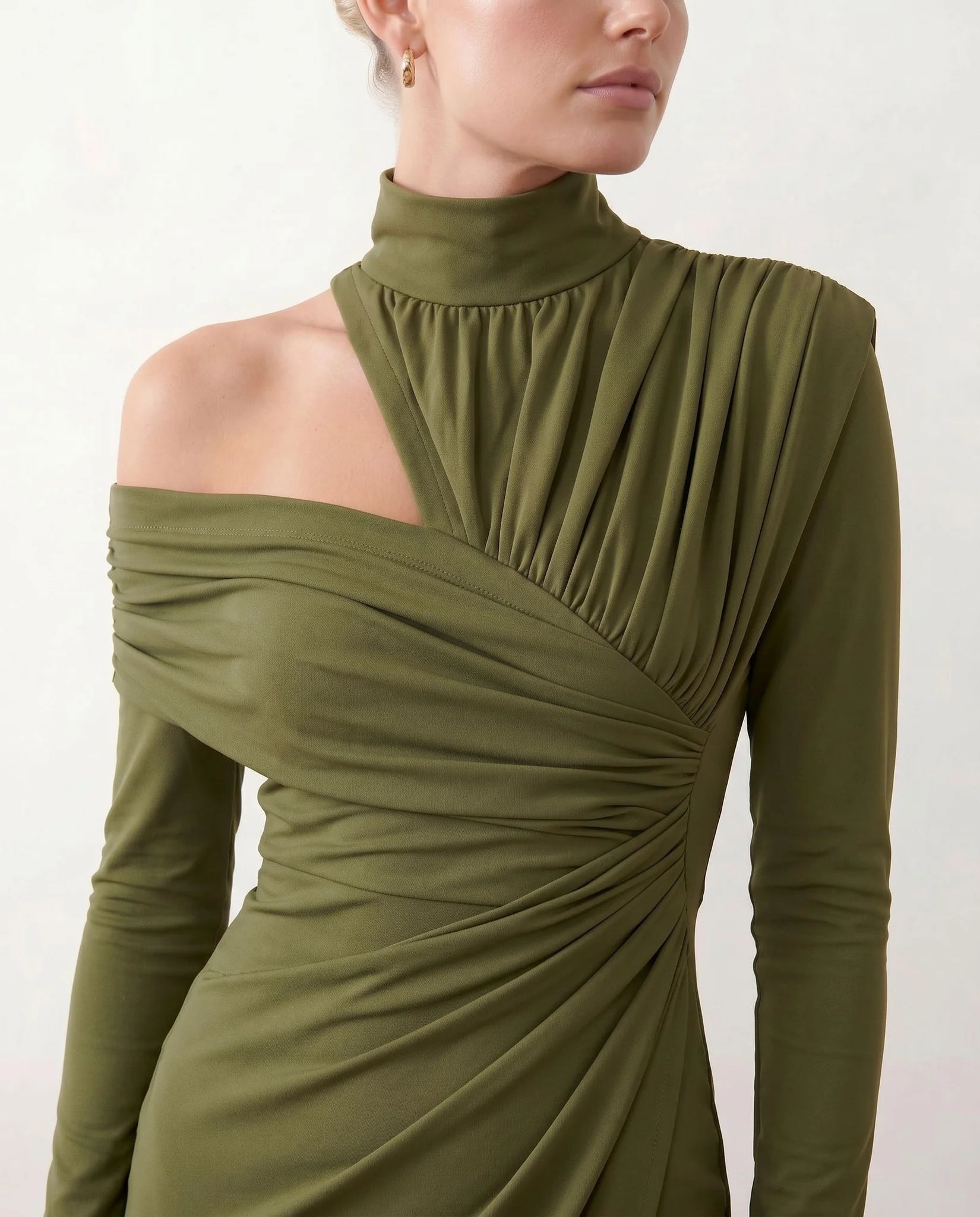 Felisa Cocktail Mock Neck Midi Dress in Olive — detail close-up