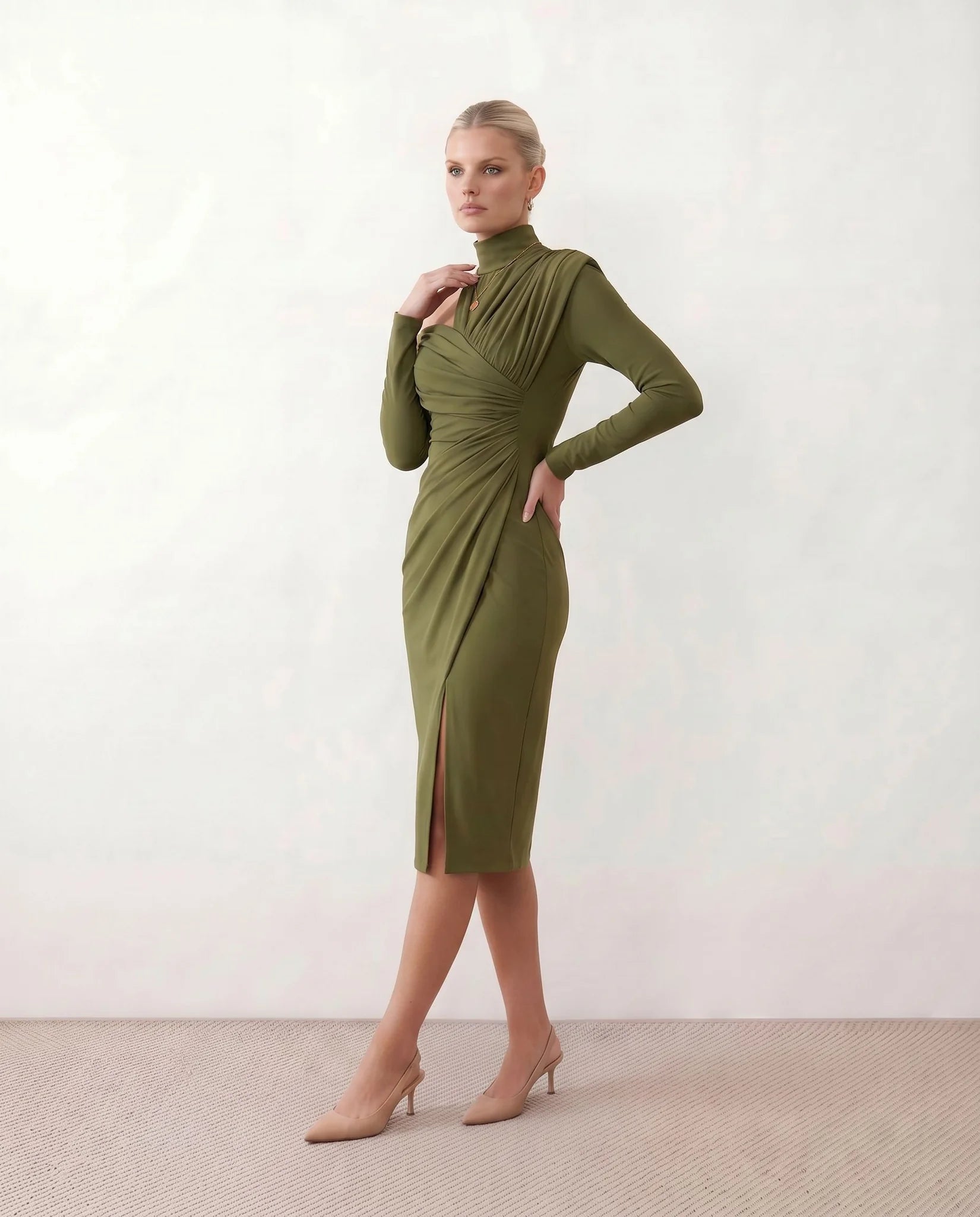 Felisa Cocktail Mock Neck Midi Dress in Olive — side view