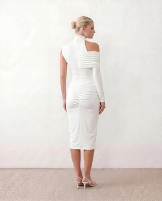 Felisa Cocktail Mock Neck Midi Dress in White — back view