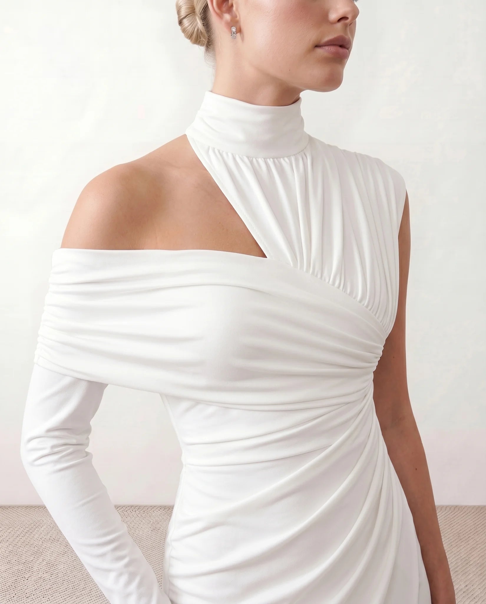 Felisa Cocktail Mock Neck Midi Dress in White — detail close-up