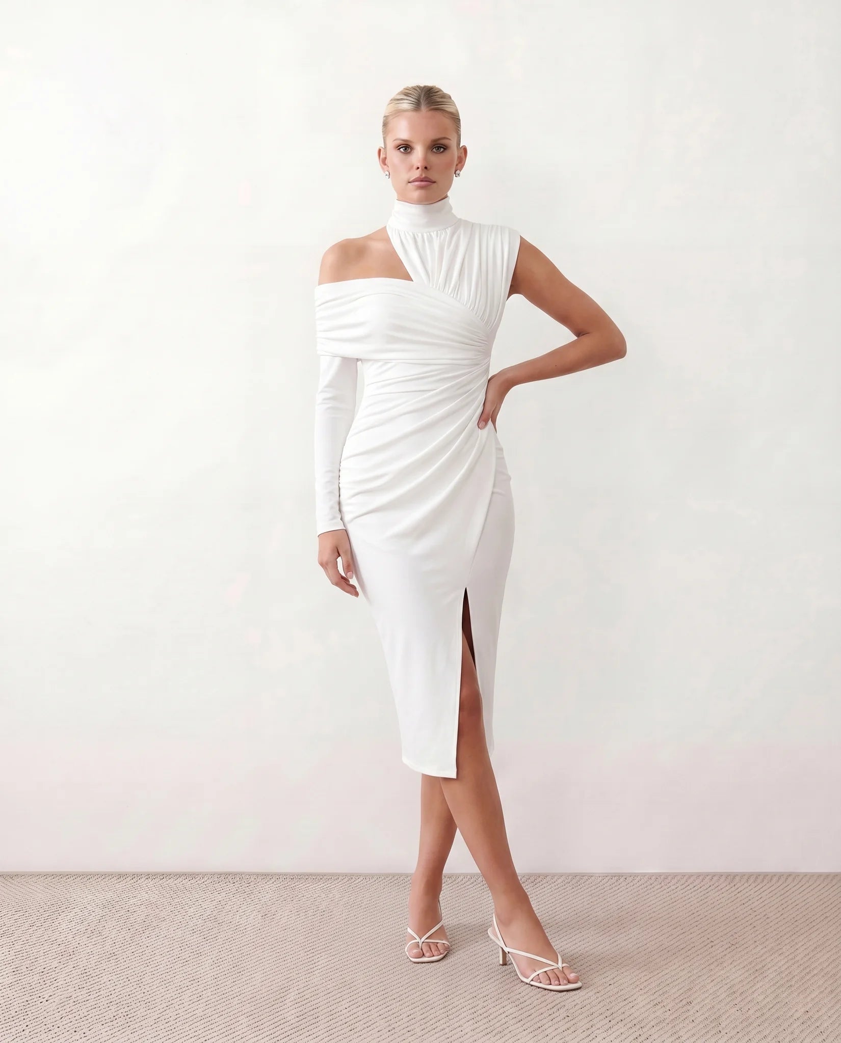Felisa Cocktail Mock Neck Midi Dress in White — front view