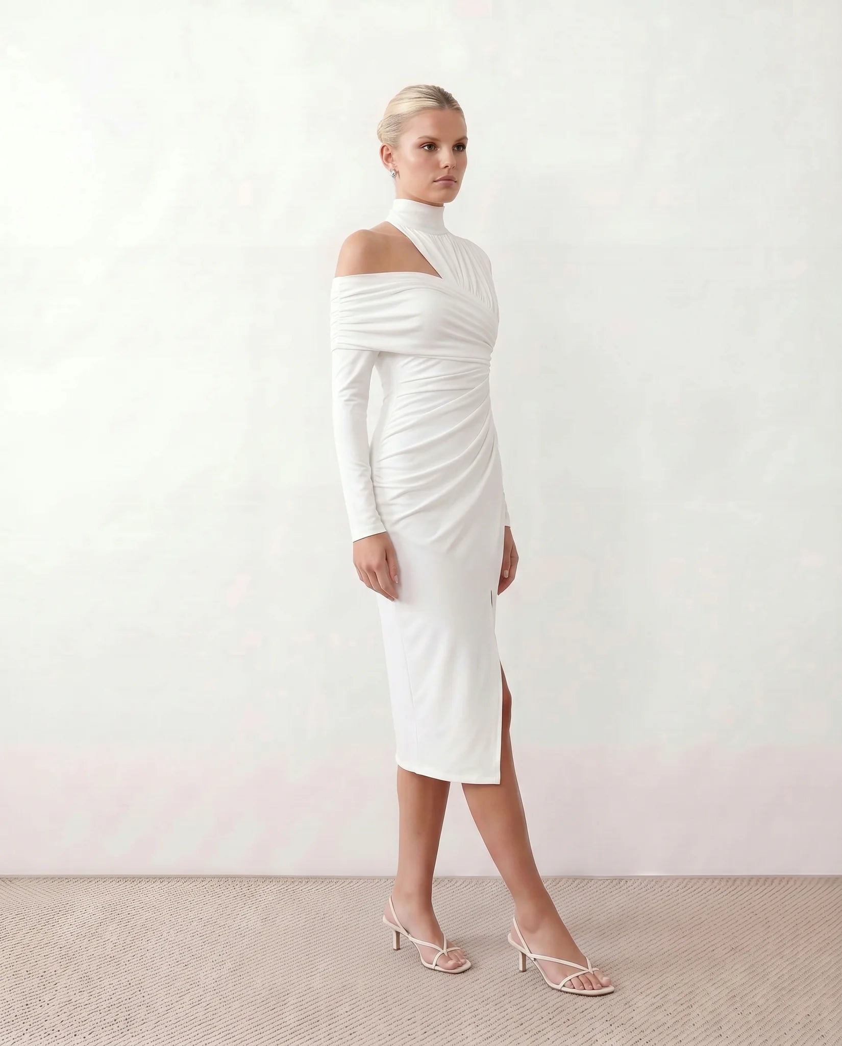 Felisa Cocktail Mock Neck Midi Dress in White — side view