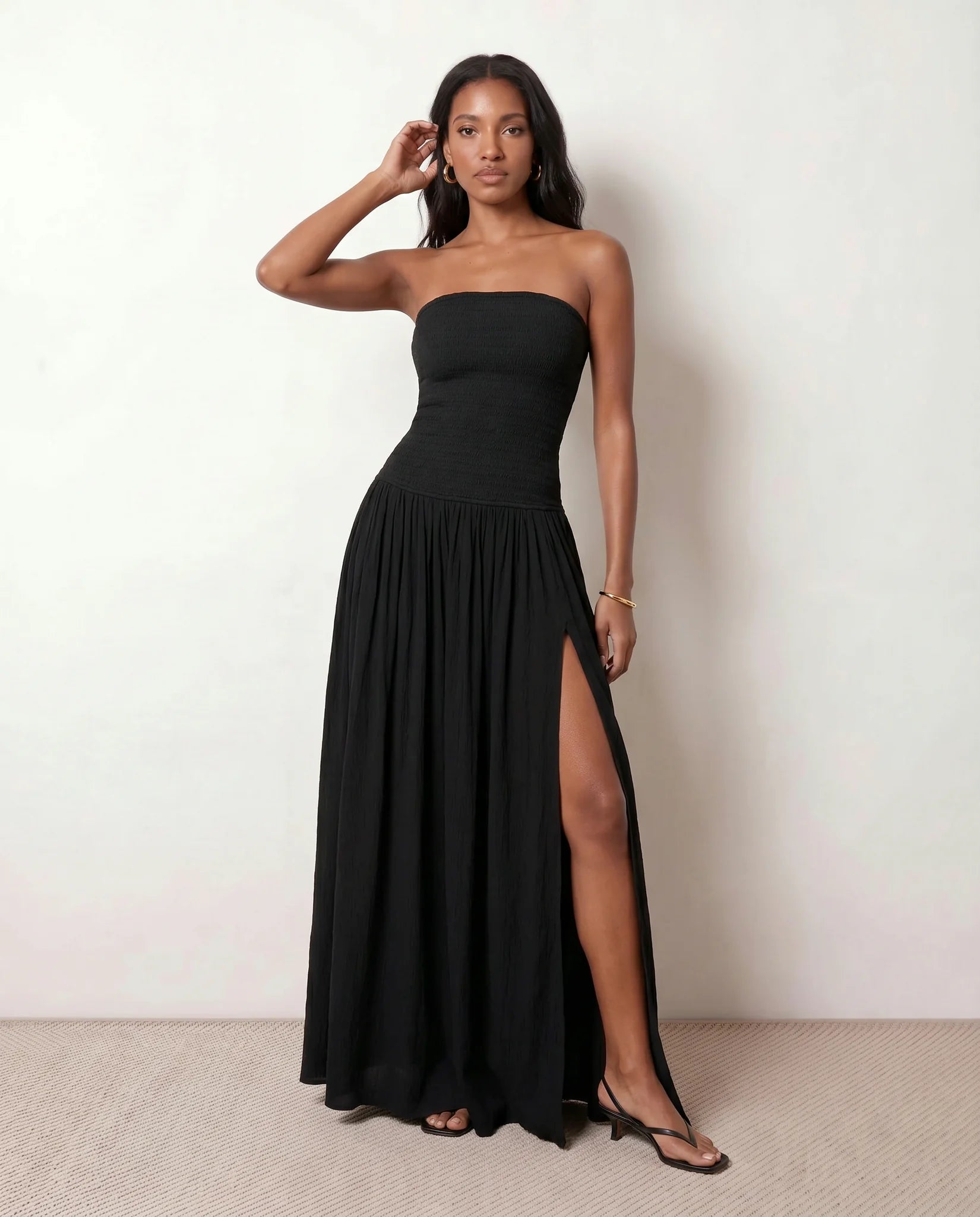 Zofia Wedding Guest Strapless Maxi Dress in Black — front view