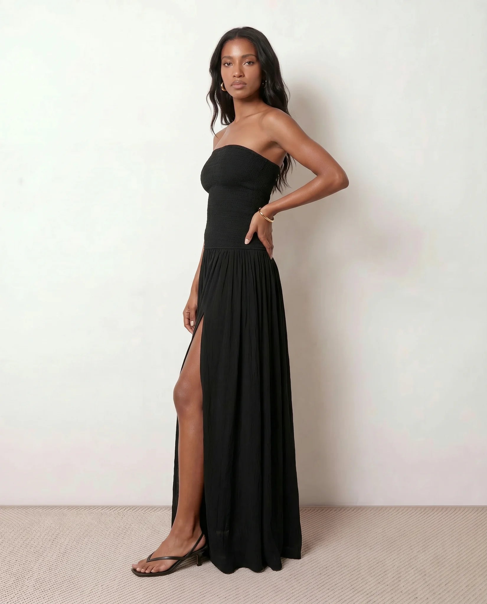 Zofia Wedding Guest Strapless Maxi Dress in Black — side view
